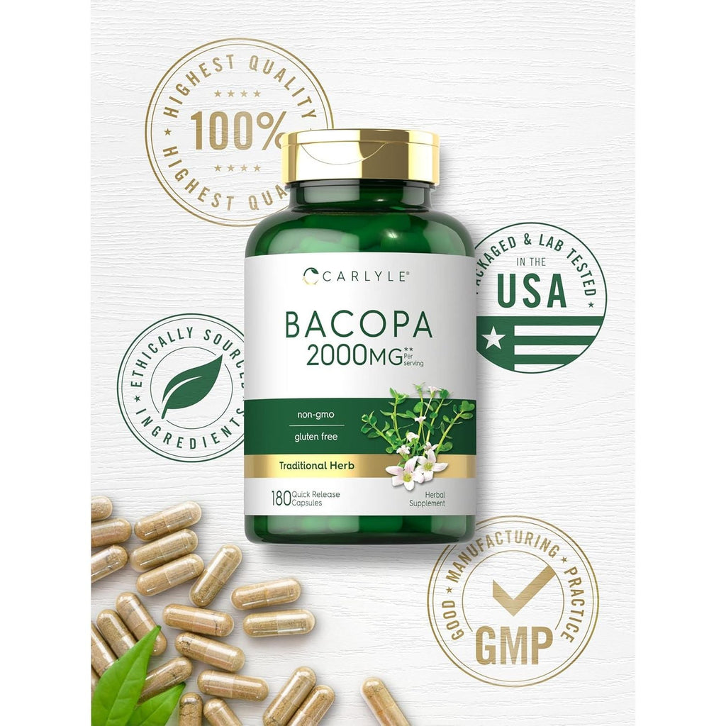 Buy now Carlyle Bacopa Monnieri Capsules | 180 Capsules | Gluten Free Supplement at indiglob india