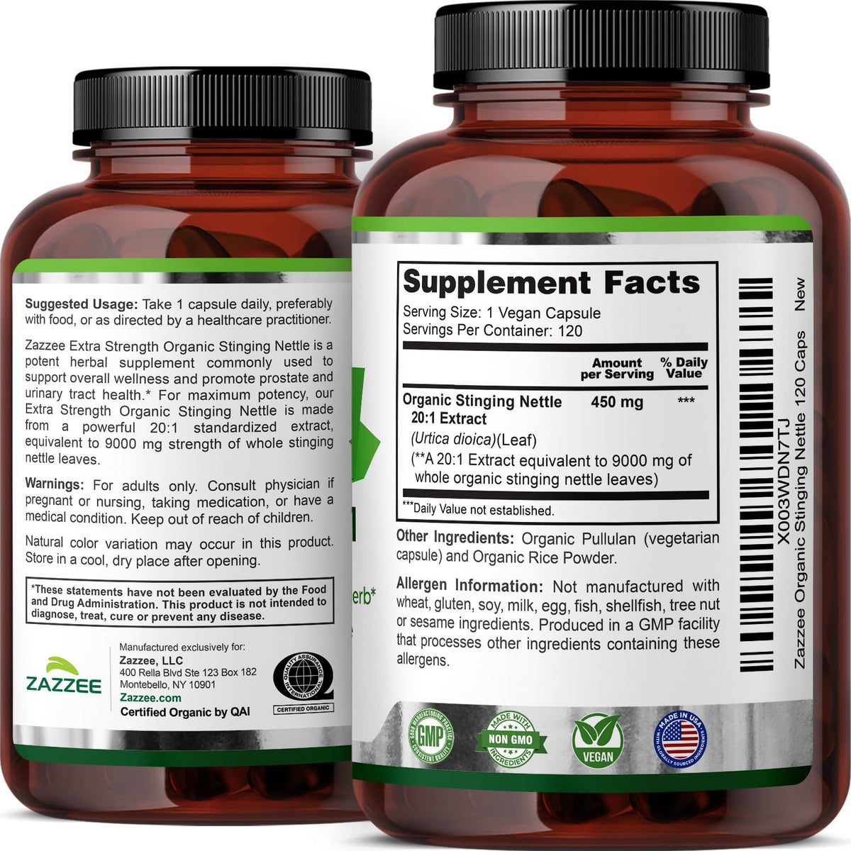 Zazzee USDA Organic Stinging Nettle Leaf 20:1 Extract, 120 Vegan Capsules