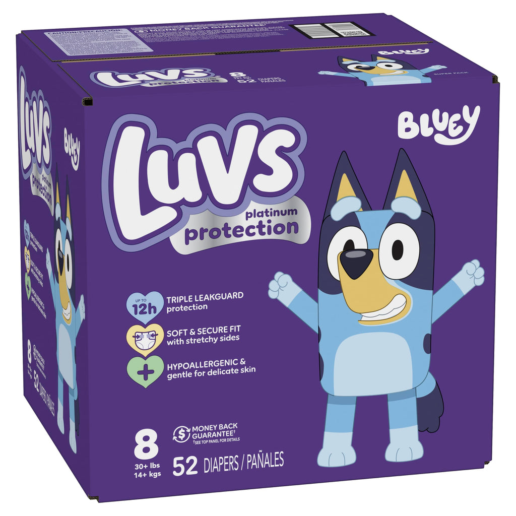 Luvs Size 8 Baby Diapers, Platinum Protection Bluey Diapers for Day & Night,Size 8 (46+ lb), 52 Count