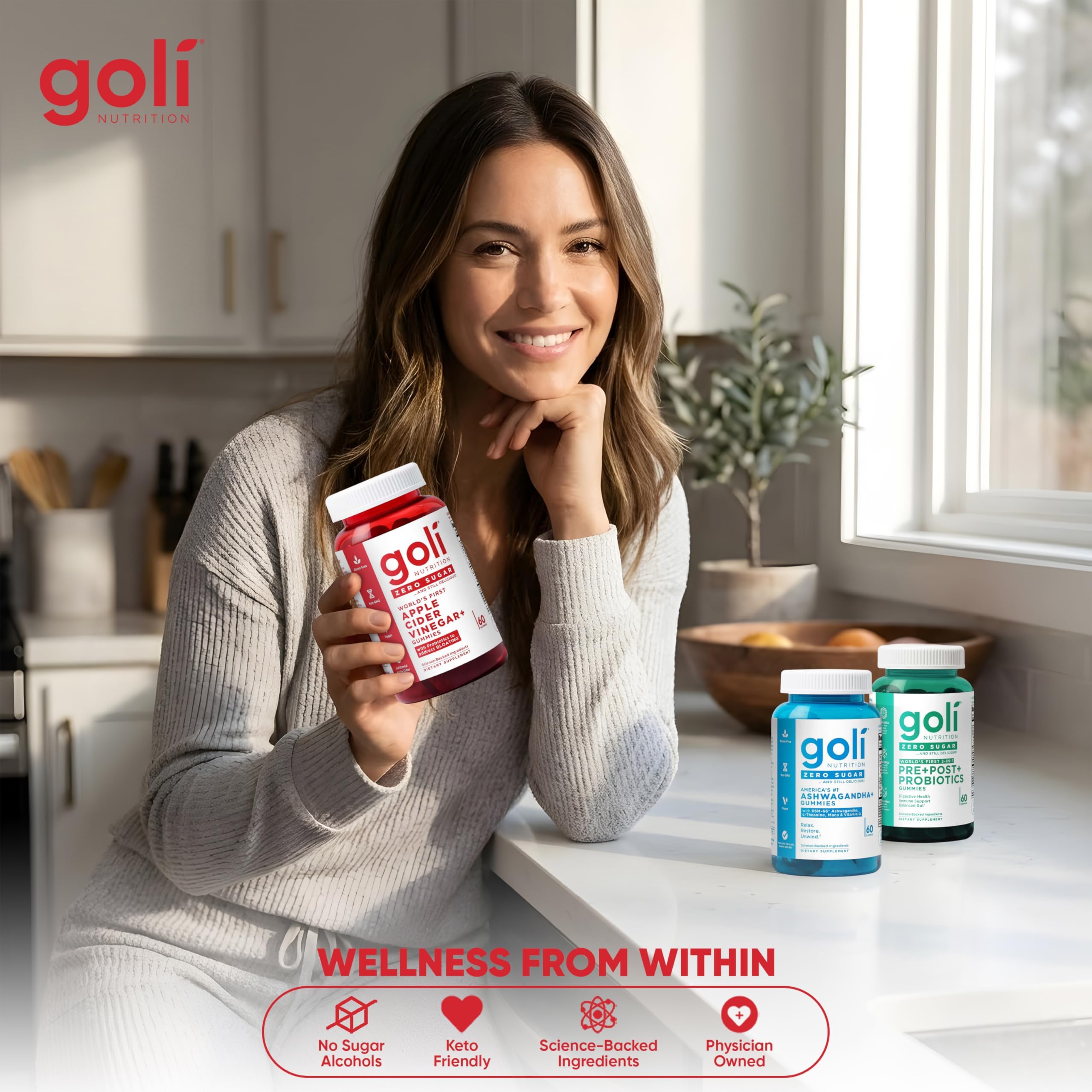 Goli Zero Sugar Trio - World's First 3-in-1 Pre, Post, Probiotic, Apple Cider Vinegar with Vitamin B12 and Probiotics, Ashwagandha & L-Theanine, Vitamin D Gummies, 90 Count (3-Bottle Set)