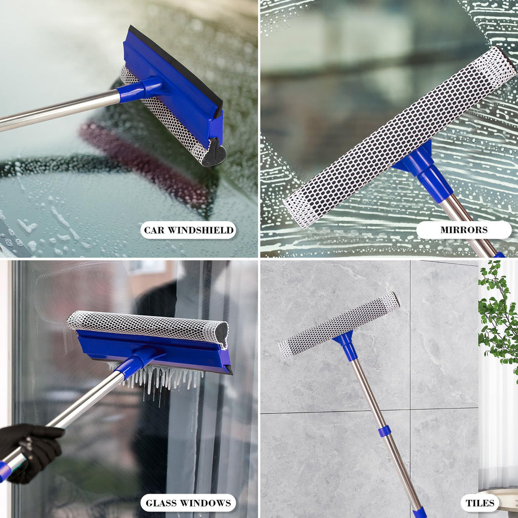 2-in-1 Window Squeegee&Car Squeegee with 15.7"-27.5" Retractable Stainless Steel Handle, Windshield Cleaner Tool for Cars, Trucks, Glass Doors, Shower Glass, Outdoor Windows