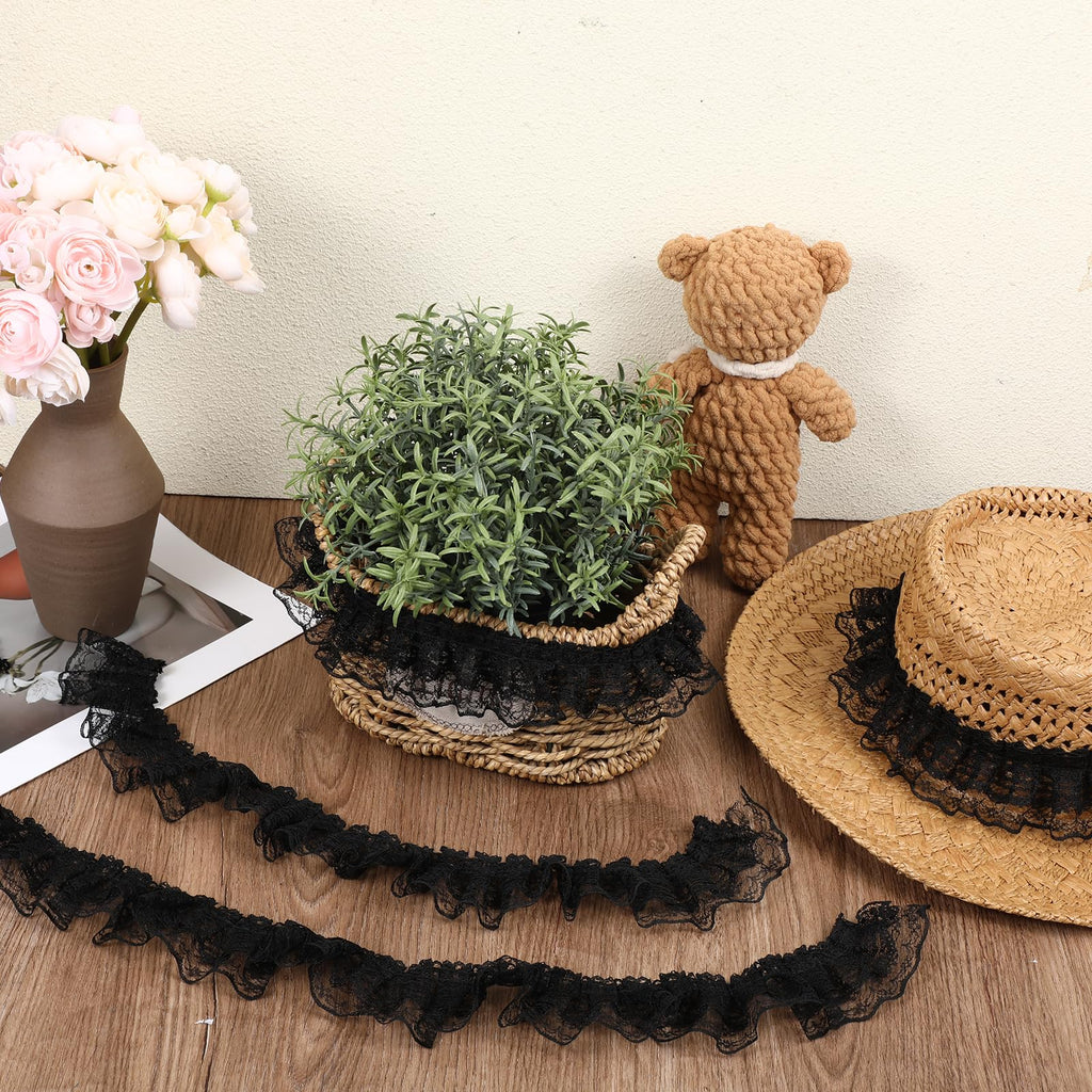 5 Yards Double Layer Ruffle Trim, 1.97 in Width Black Lace Ribbon, Vintage Lace Fabric Embroidered for Sewing, Clothes, Dresses, Craft, Bag, Gift Package, Wedding Decoration