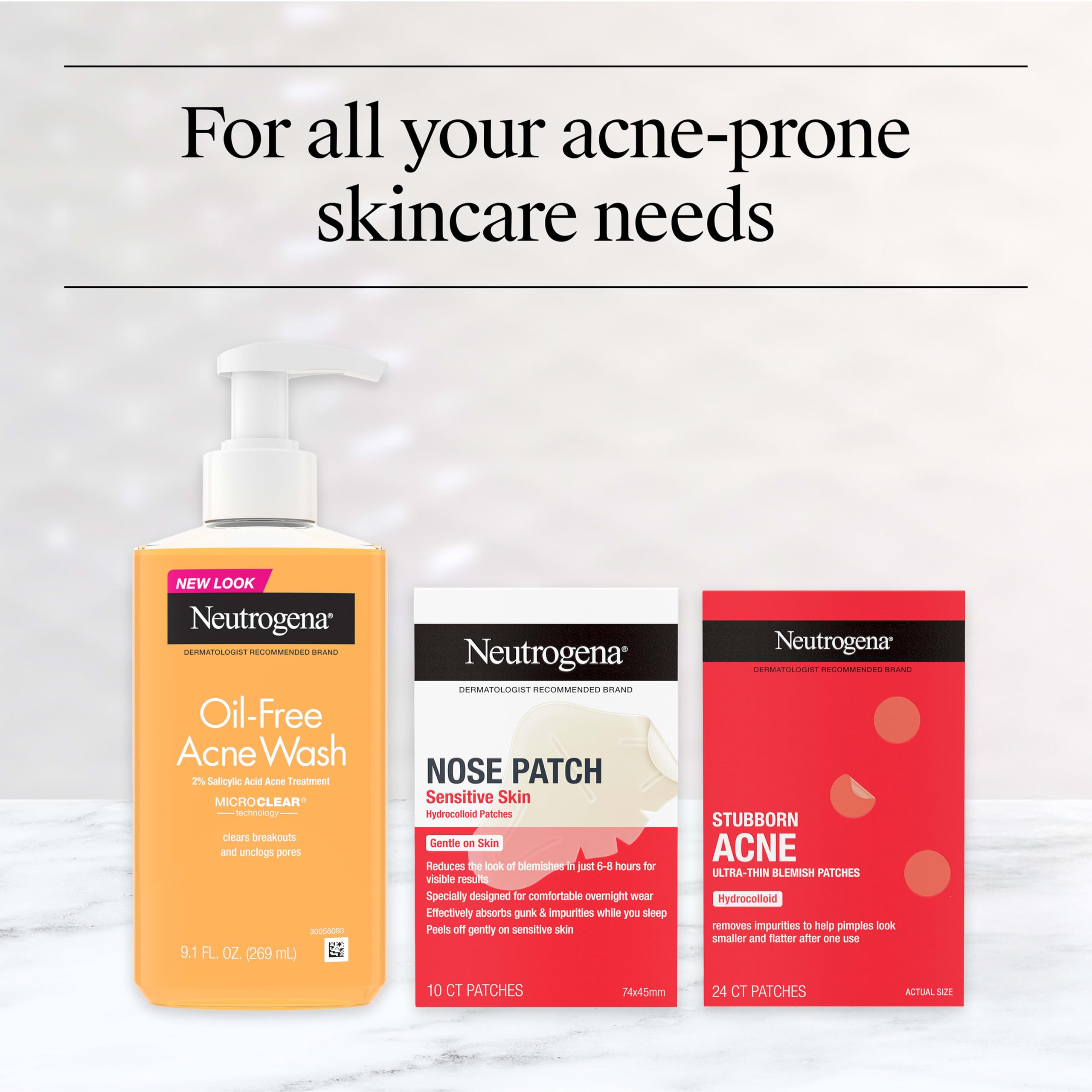 Neutrogena Oil Free Acne Face Wash, 9.1 fl. oz, 3 Pack | Salicylic Acid, Noncomedogenic, Residue-Free Facial Cleanser, Suitable for Oily Skin, Easy-Pump Bottles