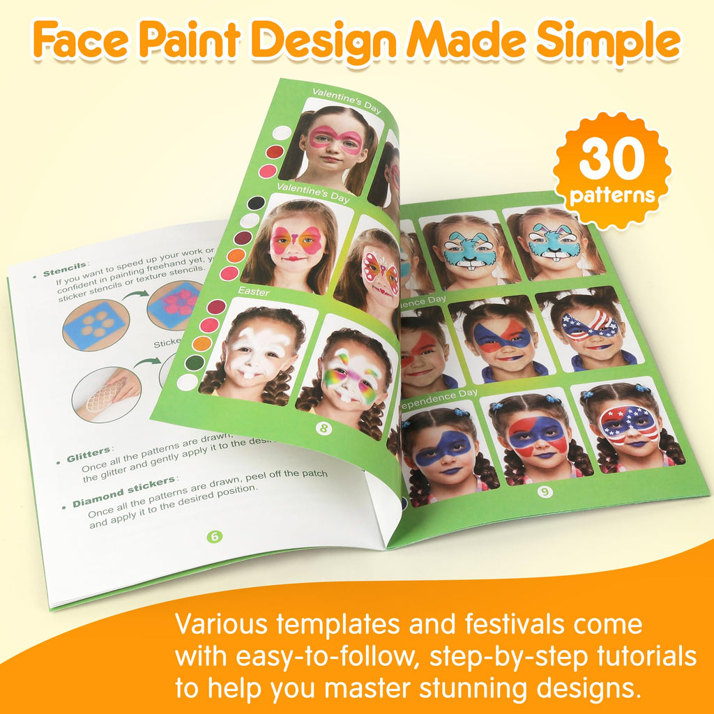 Mocoosy 41 Color Face Painting Kit for Kids, Non-Toxic Water Activated Face Paint Palette With Stencils, Brushes, Gem, Professional Facepainting Kit for Halloween Makeup, Cosplay Party, Carnival