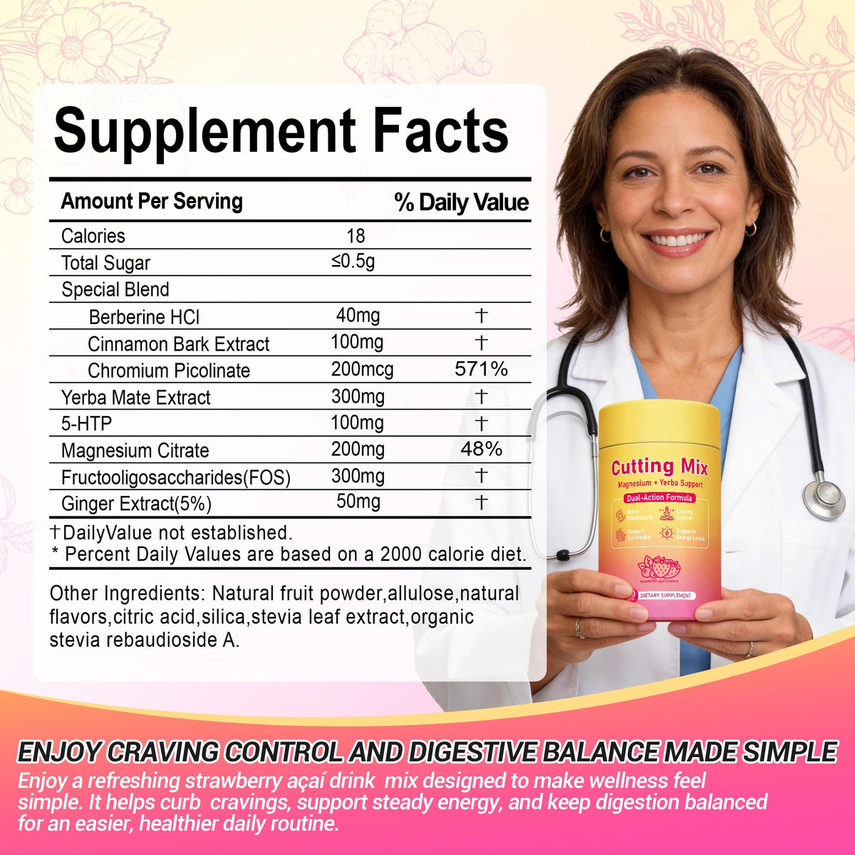Cutting Drink Mix – Dual-Action Satiety Signaling, Energy & Digestive Health with Berberine, Chromium, FOS, Yerba Mate & 5-HTP | Vegan, Sugar-Free, Non-GMO - 30 Sticks