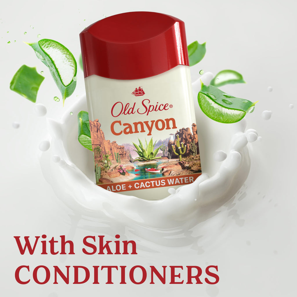 Old Spice Canyon antiperspirant featuring aloe and cactus water, designed with skin conditioners for a fresh feel.