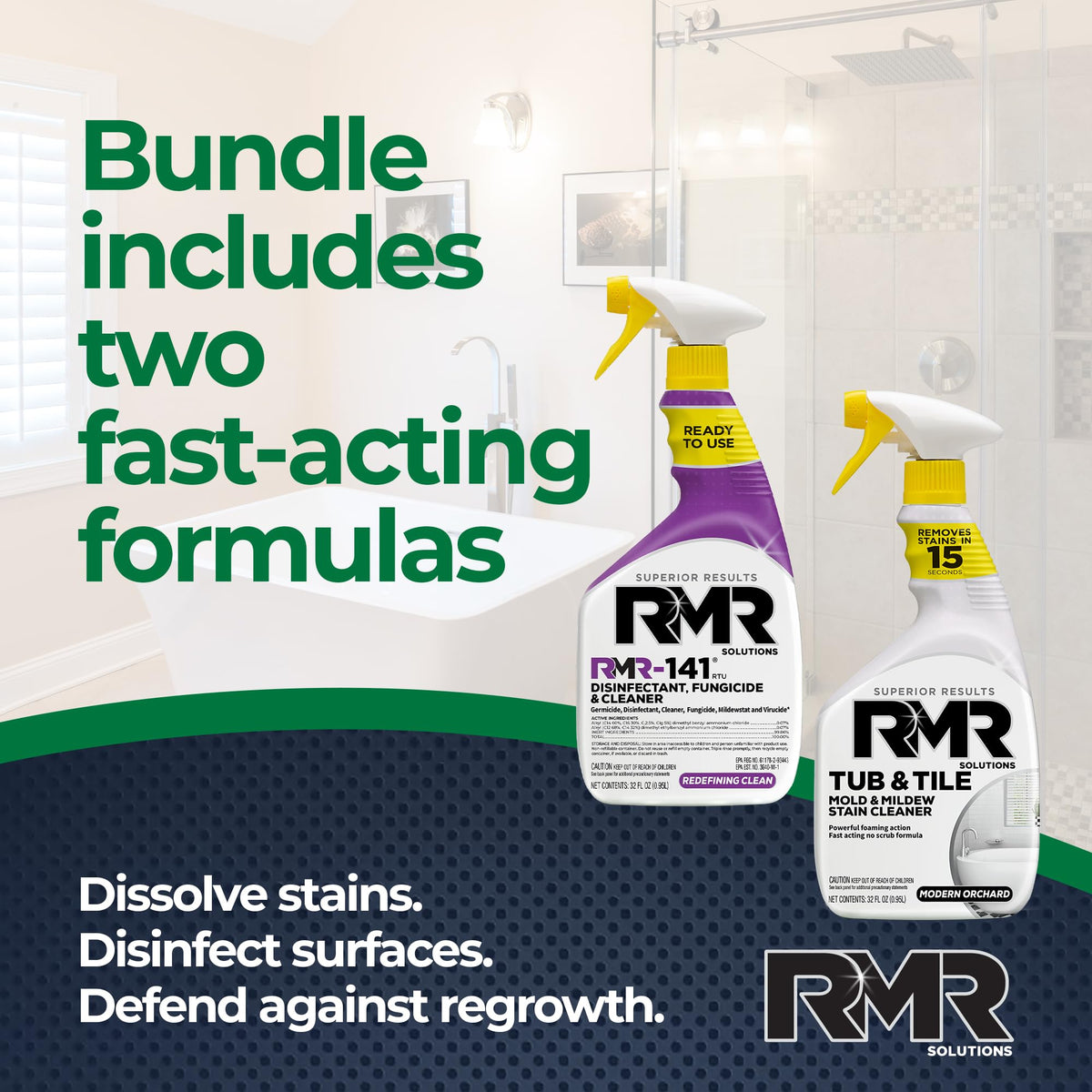 RMR Bathroom Mold Remover Bundle - RMR-141 EPA Registered Mold & Mildew Remover, 2-Step Bathroom Cleaning & Disinfecting System for Showers, Sinks, Tile, Grout, 2–32 Oz Bottles