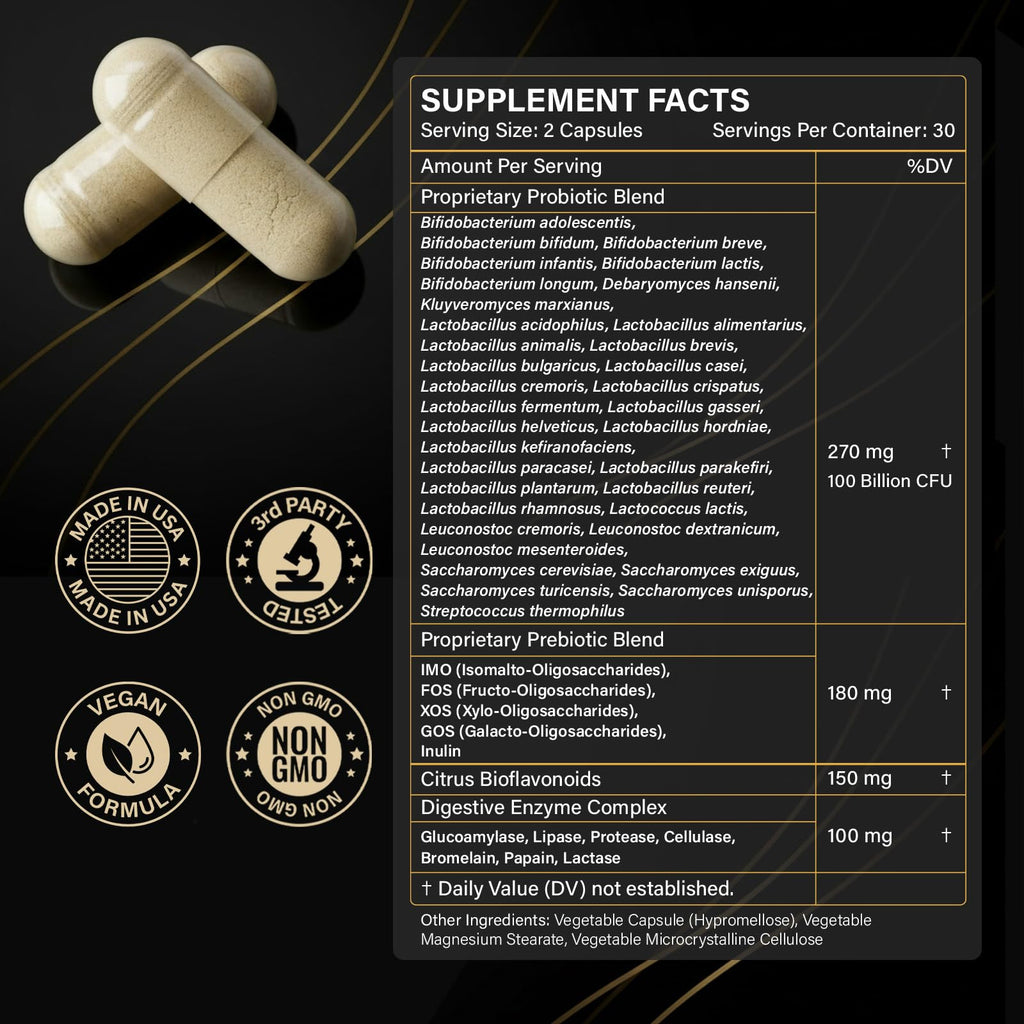 Probiotics for Women & Men, 100 Billion CFU Probiotic for Digestive, Gut & Immune Health - with Prebiotics, Bioflavonoids & Digestive Enzyme, 35 Strains Raw Probiotic Supplement, 180 Caps