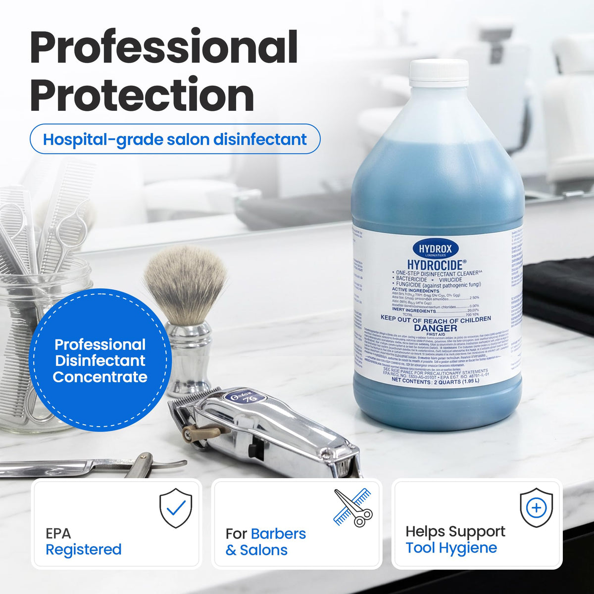 Hydrocide Professional Salon Disinfectant Concentrate EPA Registered Hospital-Grade Tool Sanitising Solution for Barbers Salons & Beauty Equipment Protects Against Harmful Pathogens & Bloodborne Germs