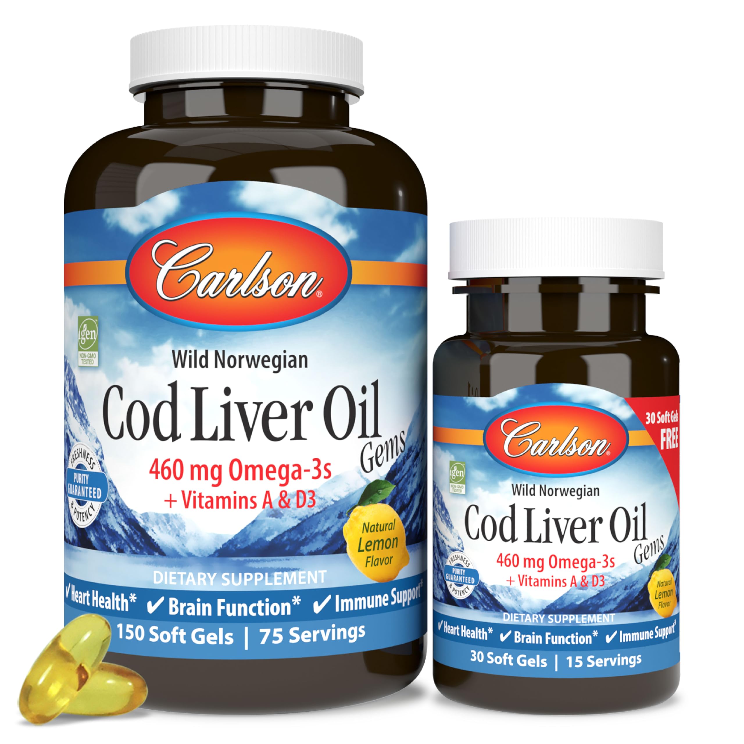 Carlson Cod Liver Oil Gems, Super 1000 mg, 250 mg Omega-3s, 100 Softgels | 400 IU (10 mcg) Vitamin D3; Wild Caught Norwegian Arctic Cod Liver Oil; Nordic Fish Oil Capsules