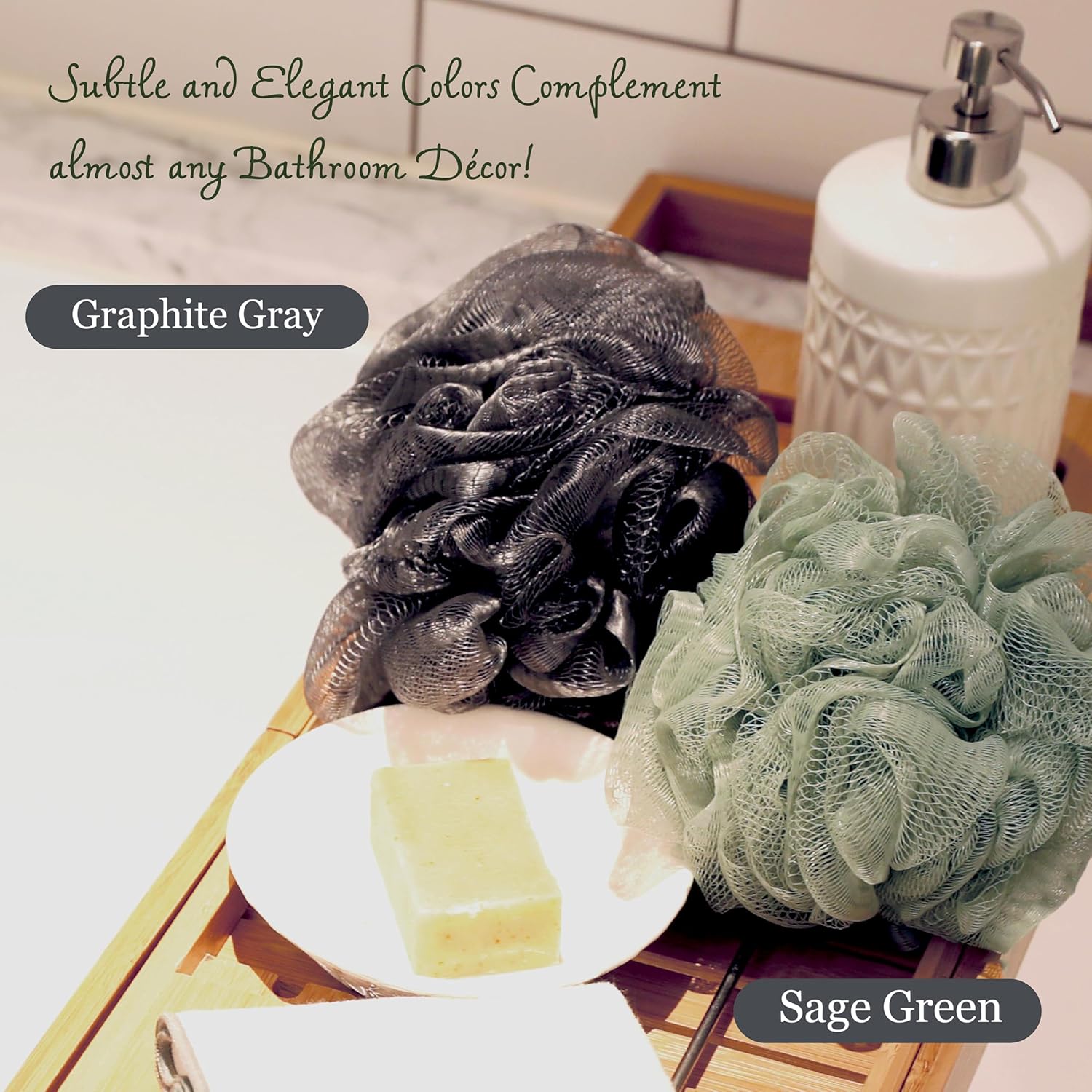 Buy now myHomeBody Large 70g Loofah Sponge, Bath Body Scrubber for Women, Men, Exfoliating Shower Pouf with Activated Charcoal - 2 Graphite Gray + 1 Sage Green, 3 Pack at indiglob india