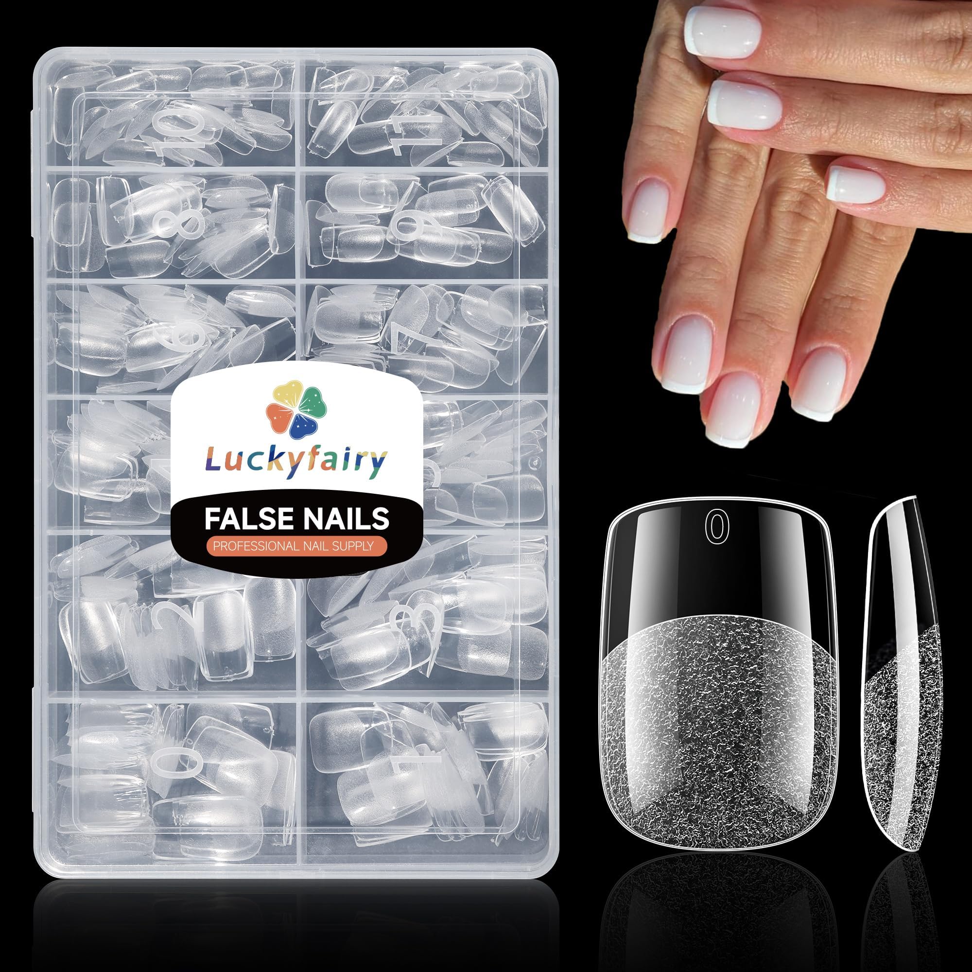 Luckyfairy Extra Short Square Fake Nails, Soft Gel Pre-Shaped Acrylic XS Short Square Nail Tips, Half Matte Full Cover Clear Press on Flase Nail Tips for Nail Extension Home DIY 240pcs/12 Sizes