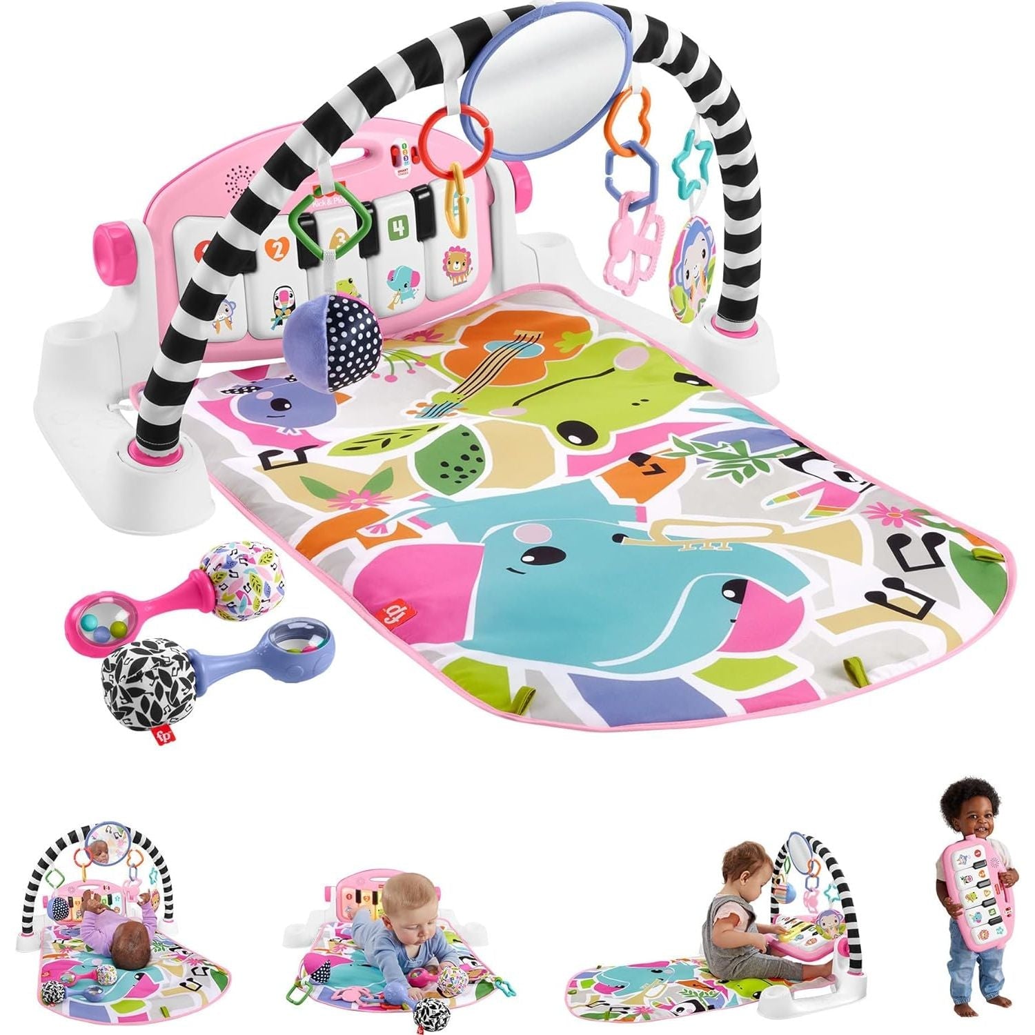 Buy now Fisher-Price Baby Playmat Deluxe Kick & Play Piano Gym for Learning & 2 Maracas Soft Rattles for Newborn to Toddler Play Ages 0+ Months Pink at indiglob india