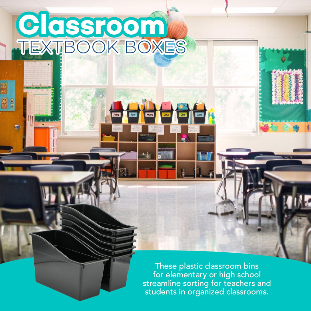 4E's Novelty 6 Durable Book and Binder Holder, Files Book Bins for Classroom, Plastic Vertical Storage Book Organizer Folder Office Classroom Organization Containers Supplies (With Labels)
