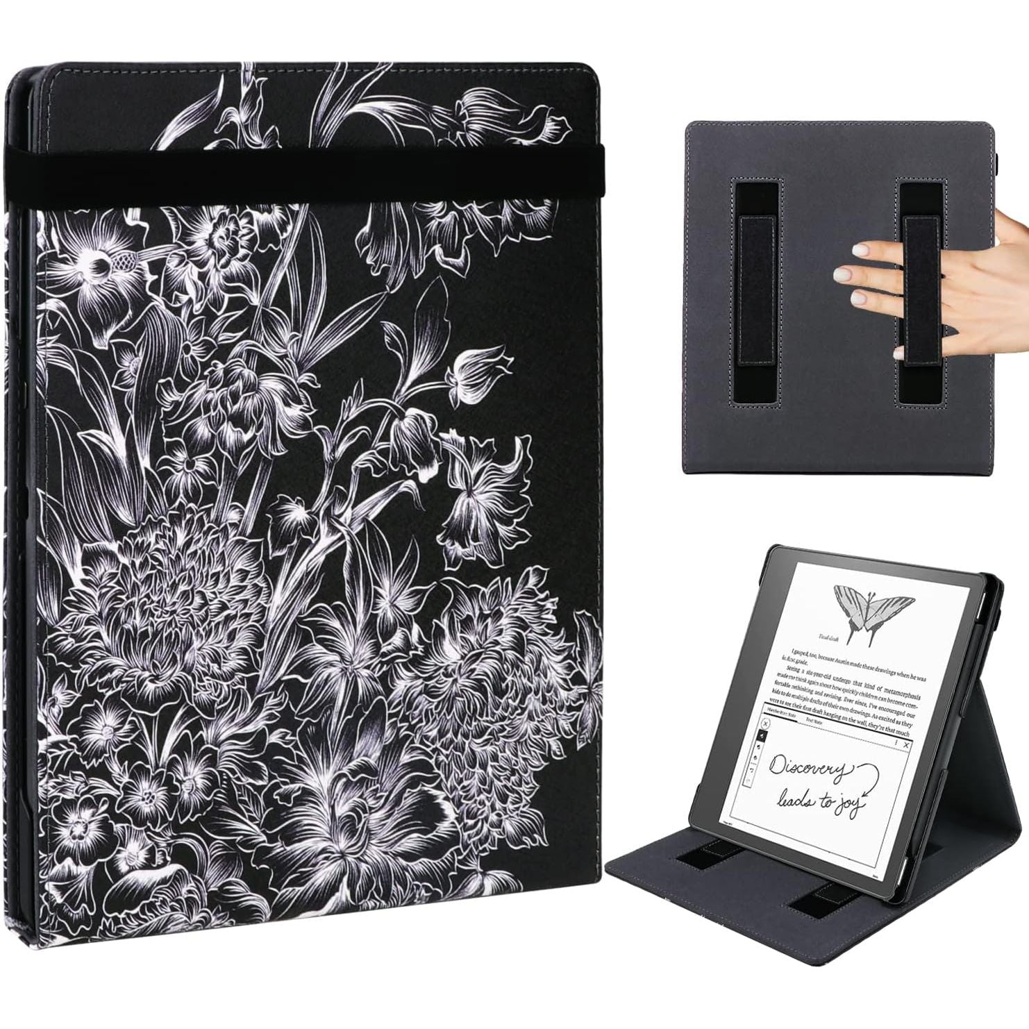 Buy now WALNEW Flip Case for 10.2-inch Kindle Scribe 2024/2022 Released, Two Hand Straps and Vertical Multi-Viewing Stand Cover with Auto Wake/Sleep for 10.2” Amazon Kindle Scribe E-Reader(Gray) Black Flowers at indiglob india