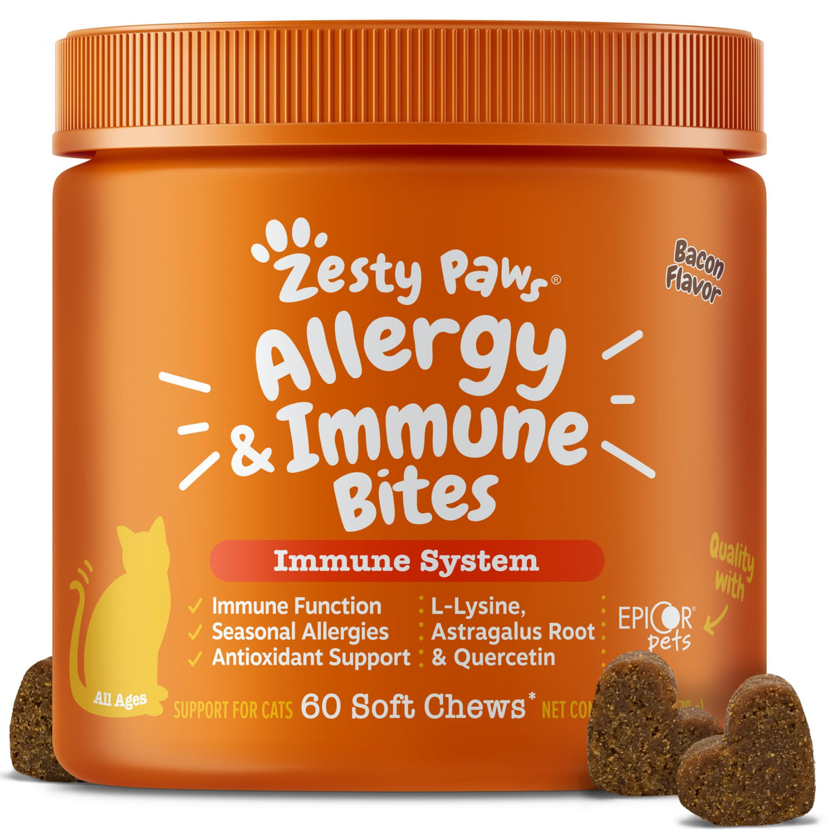 Zesty Paws Cat Allergy Relief for Cats - Omega 3 for Cats, Bacon, 60 Ct
