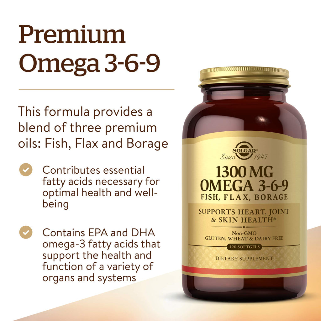 Solgar 1300 mg Omega 3-6-9, 120 Softgels - Fish Oil Supplement - Support for Joint & Skin Health - Includes Flaxseed & Borage - Contains EPA & DHA Omega 3 Fatty Acids - 40 Servings | Specially formulated ratio of omega 3, 6 and 9 fatty acids