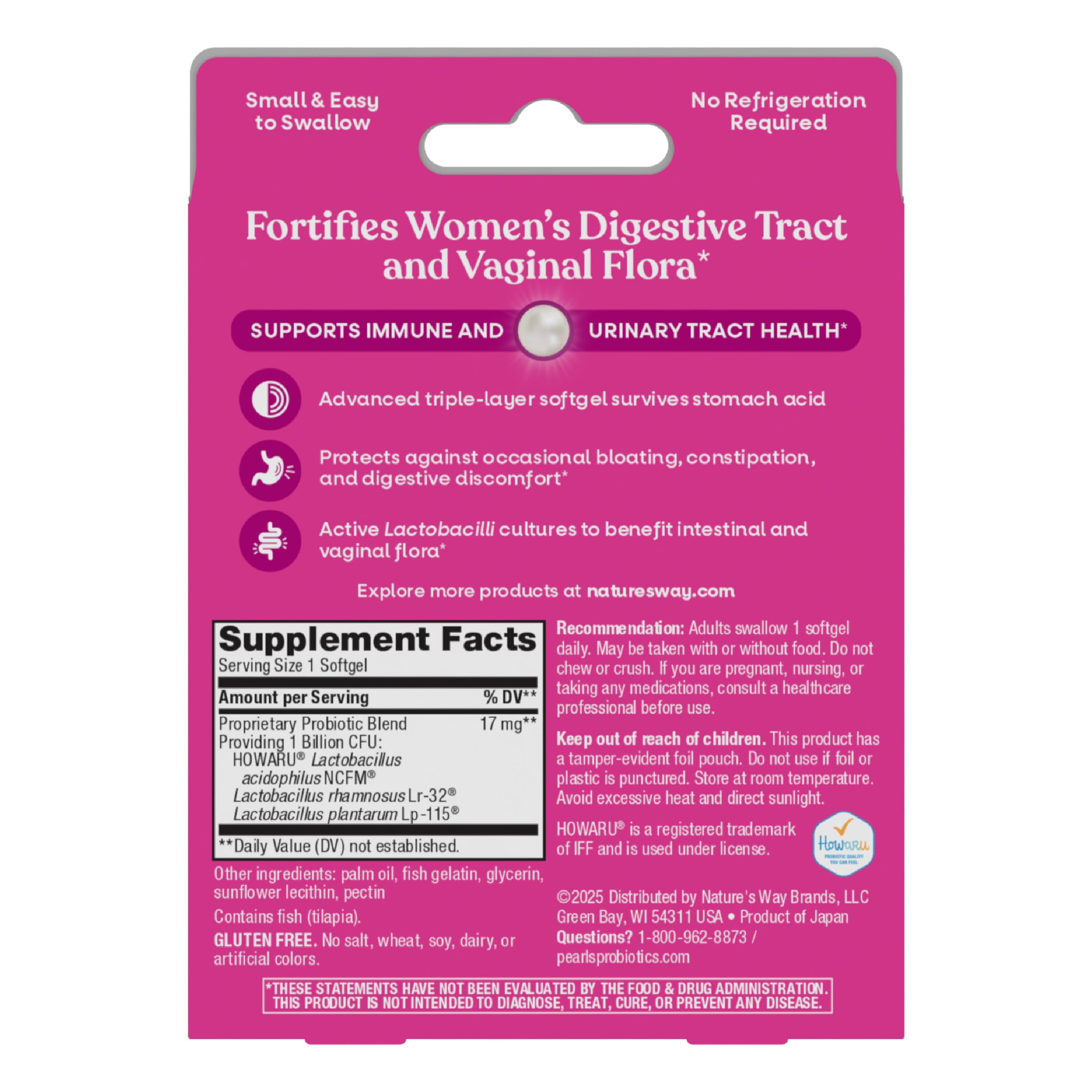 Nature's Way Women's Probiotic Pearls, Supports Vaginal Health*, 30 ct | Supports Vaginal & Digestive Health*, 1 Billion Live Cultures, Protects Against Occasional Bloating & Constipation*, Softgels
