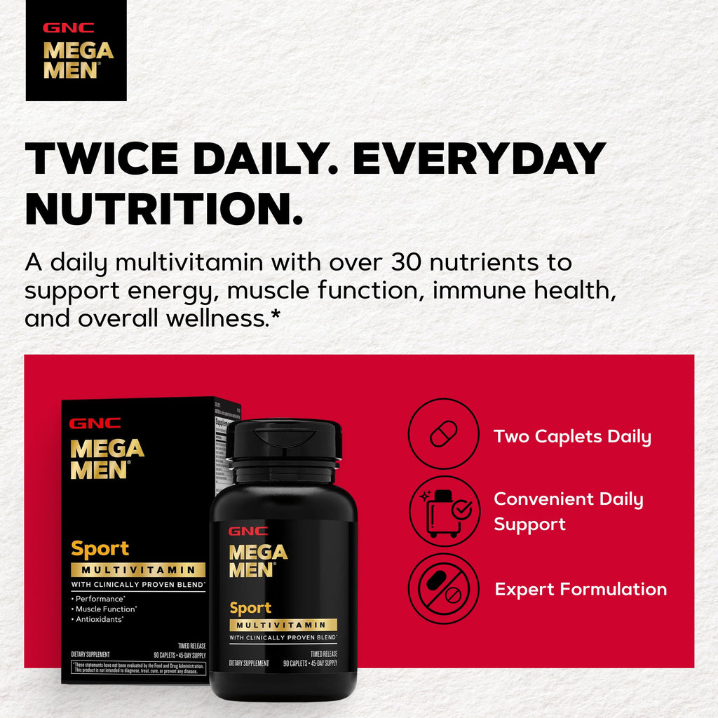GNC Mega Men Sport Multivitamin, Performance & Muscle Function, 90 Count | Clinically Shown to Boost Nutrient Levels and Mental Wellbeing, with BCAAs and Carnitine for Muscle Performance and Energy