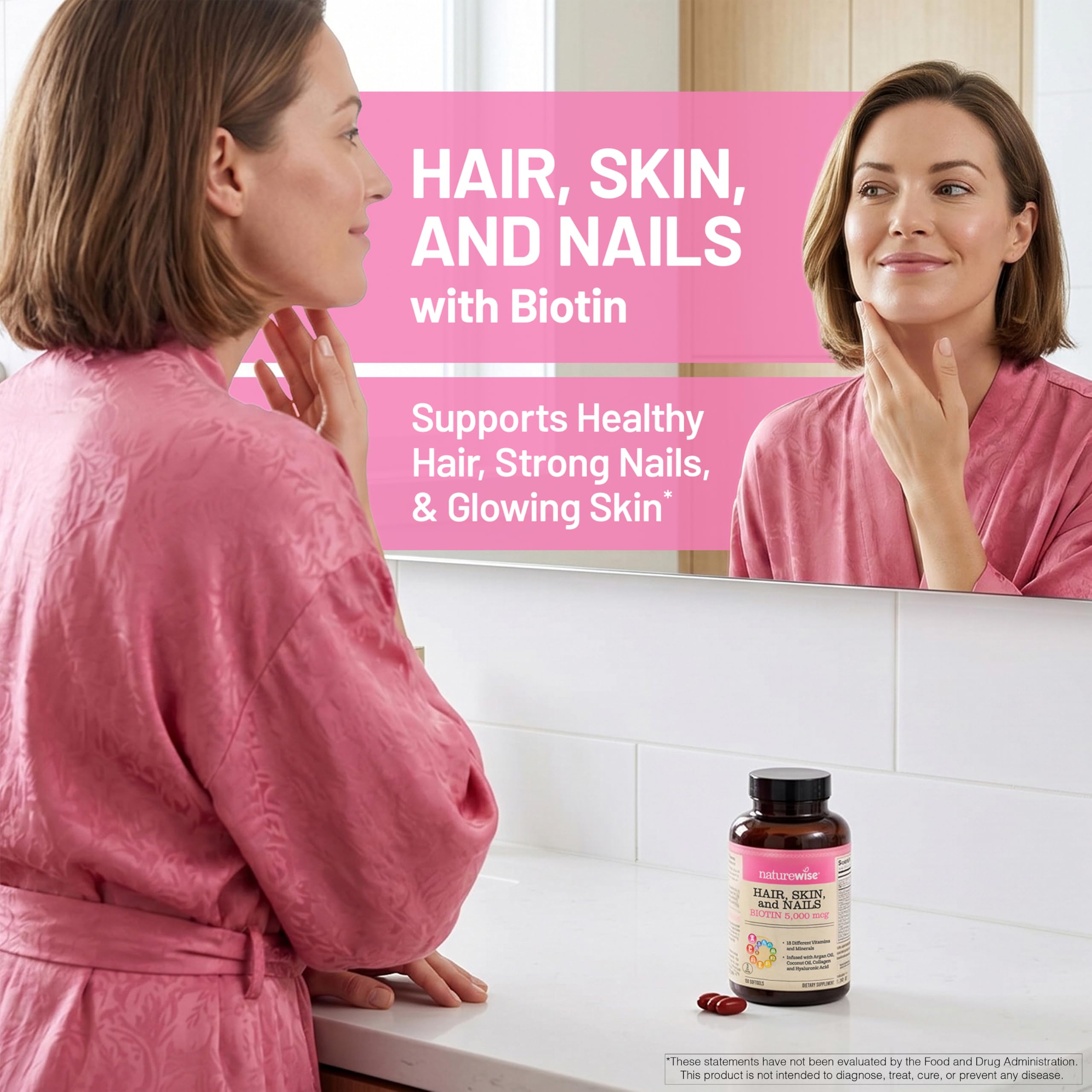 NatureWise Hair Skin and Nails Vitamin, Biotin 5000mcg w/Hyaluronic Acid, Collagen for Women with C, B Complex, D3, A, E, Iron - Non-GMO, Gluten Free - 270 Softgels[3-Month Supply]