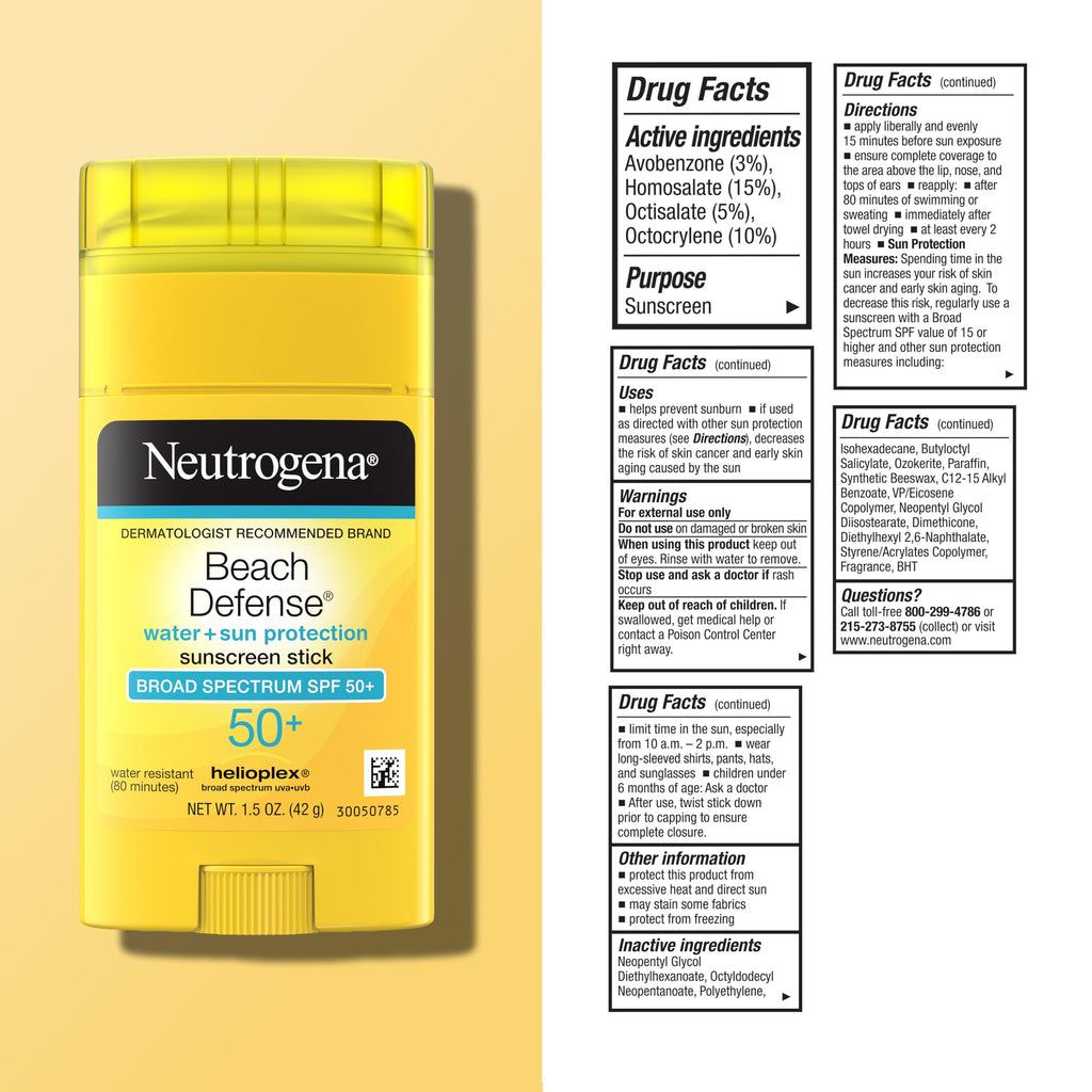 Neutrogena Beach Defense Sunscreen Stick SPF 50, 1.5 oz | Broad Spectrum SPF for UVA/UVB Protection, Water-Resistant up to 80 Minutes, No-Mess, Beach-Strength