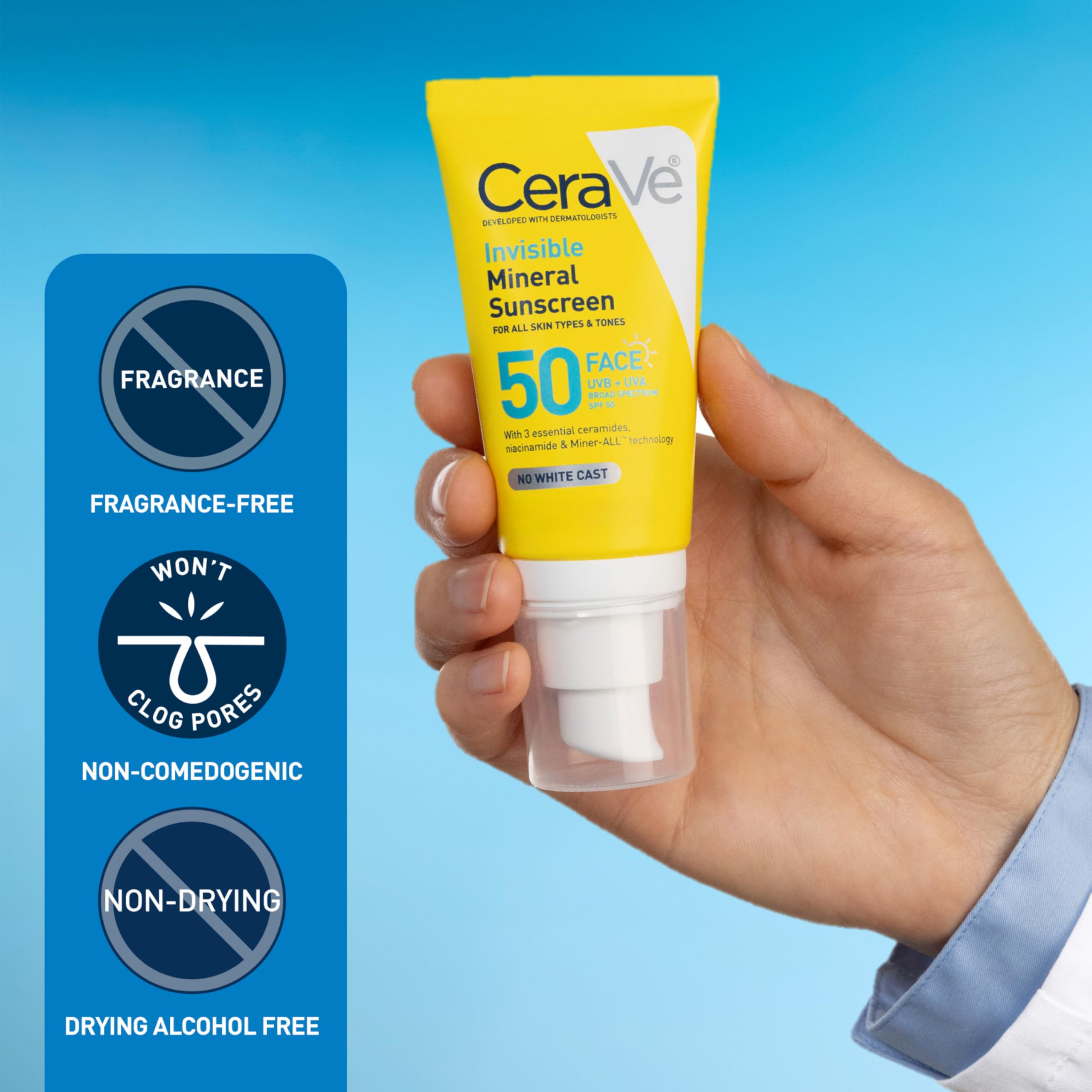 CeraVe Invisible Mineral Sunscreen SPF 50, Face Sunscreen, Travel Size | Skin Care, Sunscreen For Sensitive Skin, Zinc Oxide, Titanium Dioxide, Vitamin E, Niacinamide, Ceramides, Oil Free