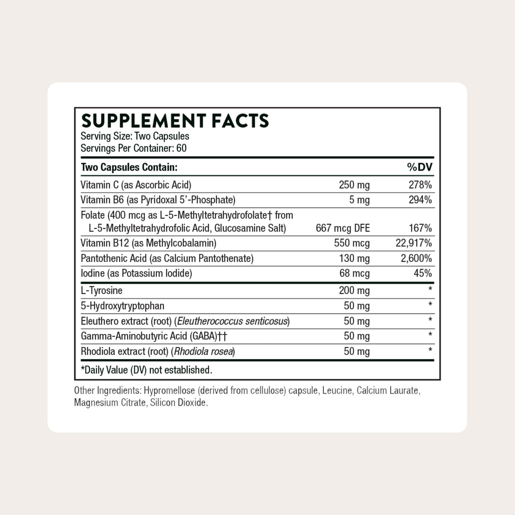 THORNE - Emotion Balance Support - Supports Mood & Stress Management* - Vitamins B6, B12 & C, 5-HTP, GABA, Rhodiola, Folate (5-MTHF) & L-Tyrosine - Third-Party Certified - Gluten-Free - 120 Capsules