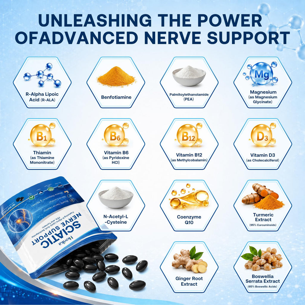 Neuropathy Support Supplement - Sciatic Nerve Health Support with Pea, R-Alpha Lipoic Acid, Benfotiamine & Vitamin B12 for Sciatic Nerve Health, Mobility & Antioxidant Support, 180 Vegan Softgels