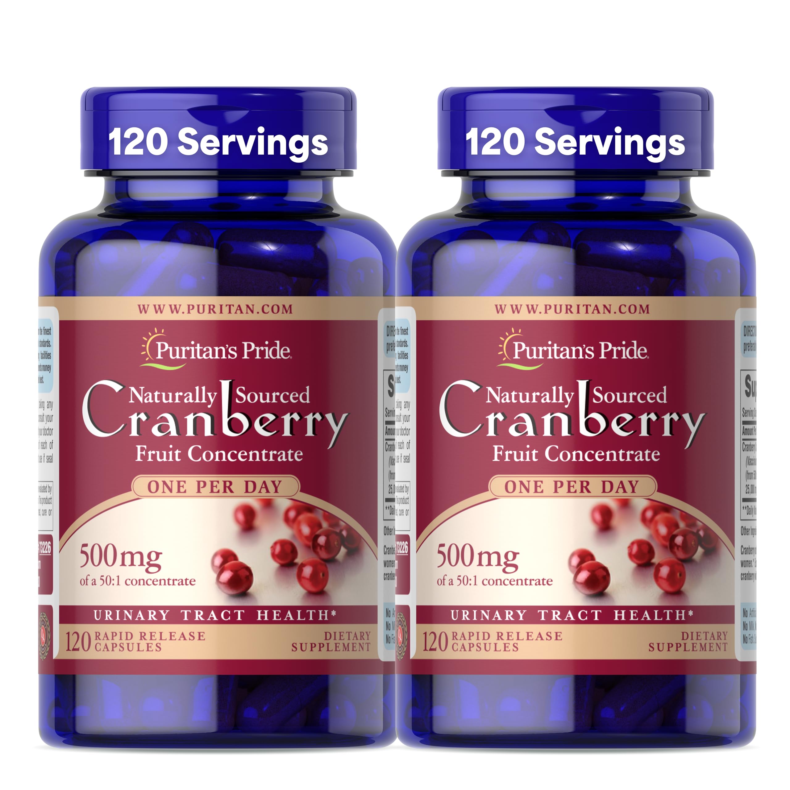 Buy now Puritan's Pride Naturally Sourced Cranberry One Per Day Fruit Concentrate 500mg, 50:1 Dietary Supplement for Urinary Tract Support, 4 Month Supply, 120 Rapid Release Capsules 240 count at indiglob india