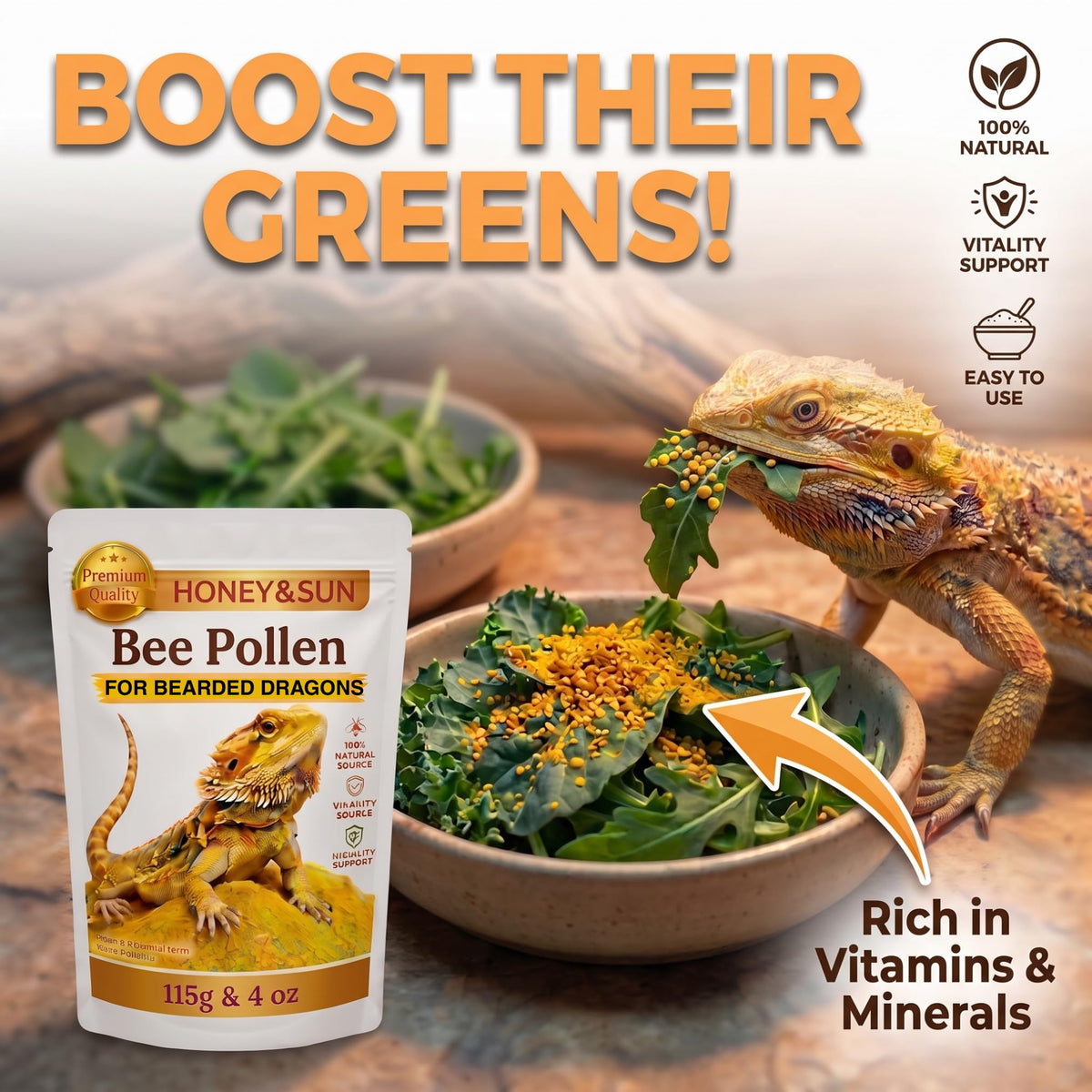 Organic Bee Pollen Powder for Bearded Dragons – HONEY&SUN 4oz Reptile Food