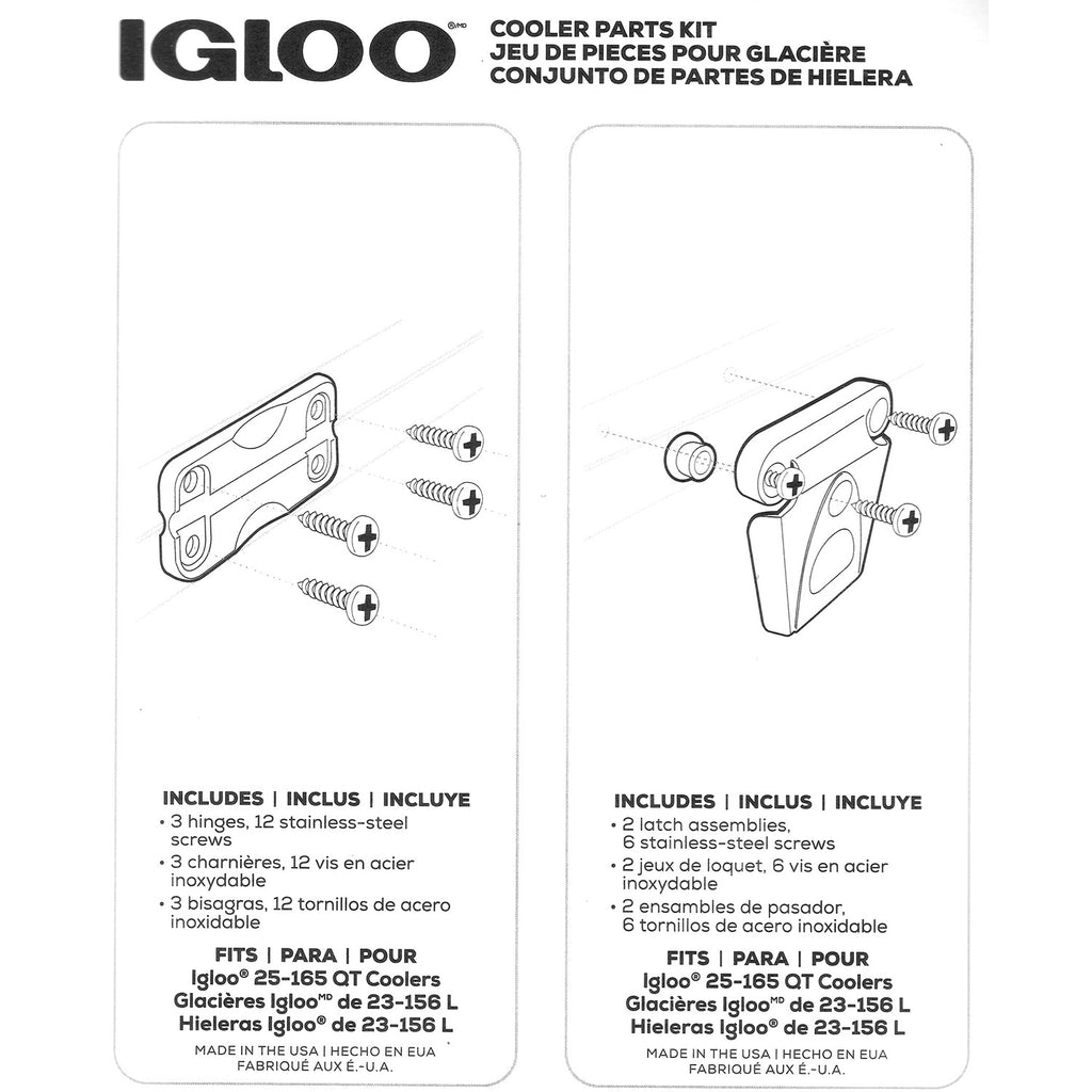 Igloo Cooler Plastic Parts Kit - Made in The USA - 2 Latches, 3 Hinges, Latch Post & Screws