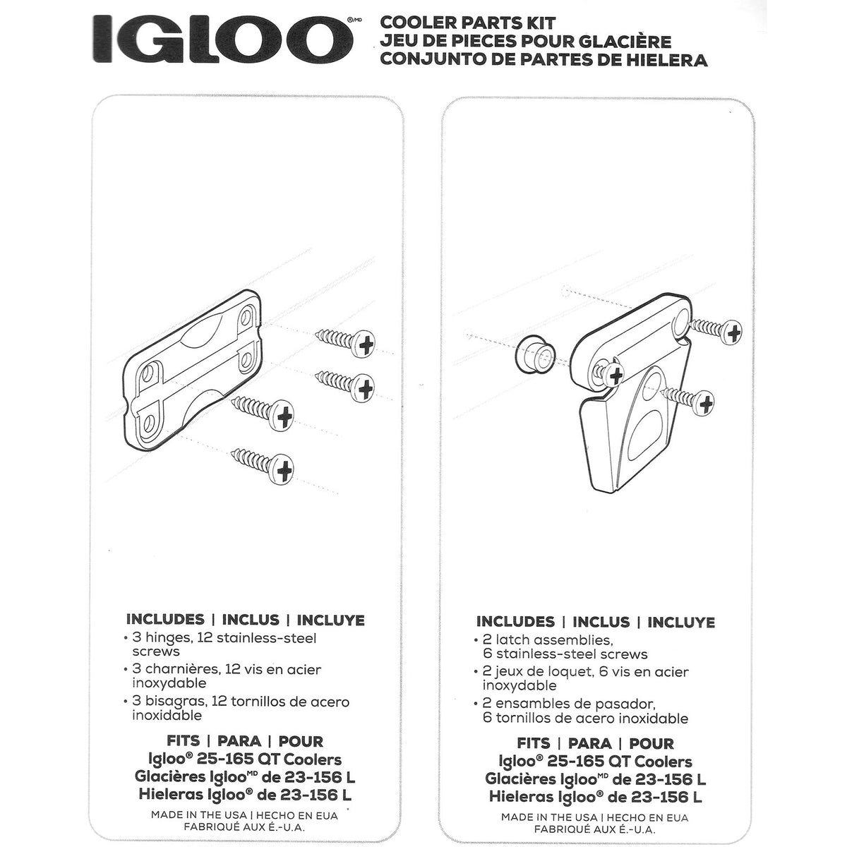 Igloo Cooler Plastic Parts Kit - Made in The USA - 2 Latches, 3 Hinges, Latch Post & Screws