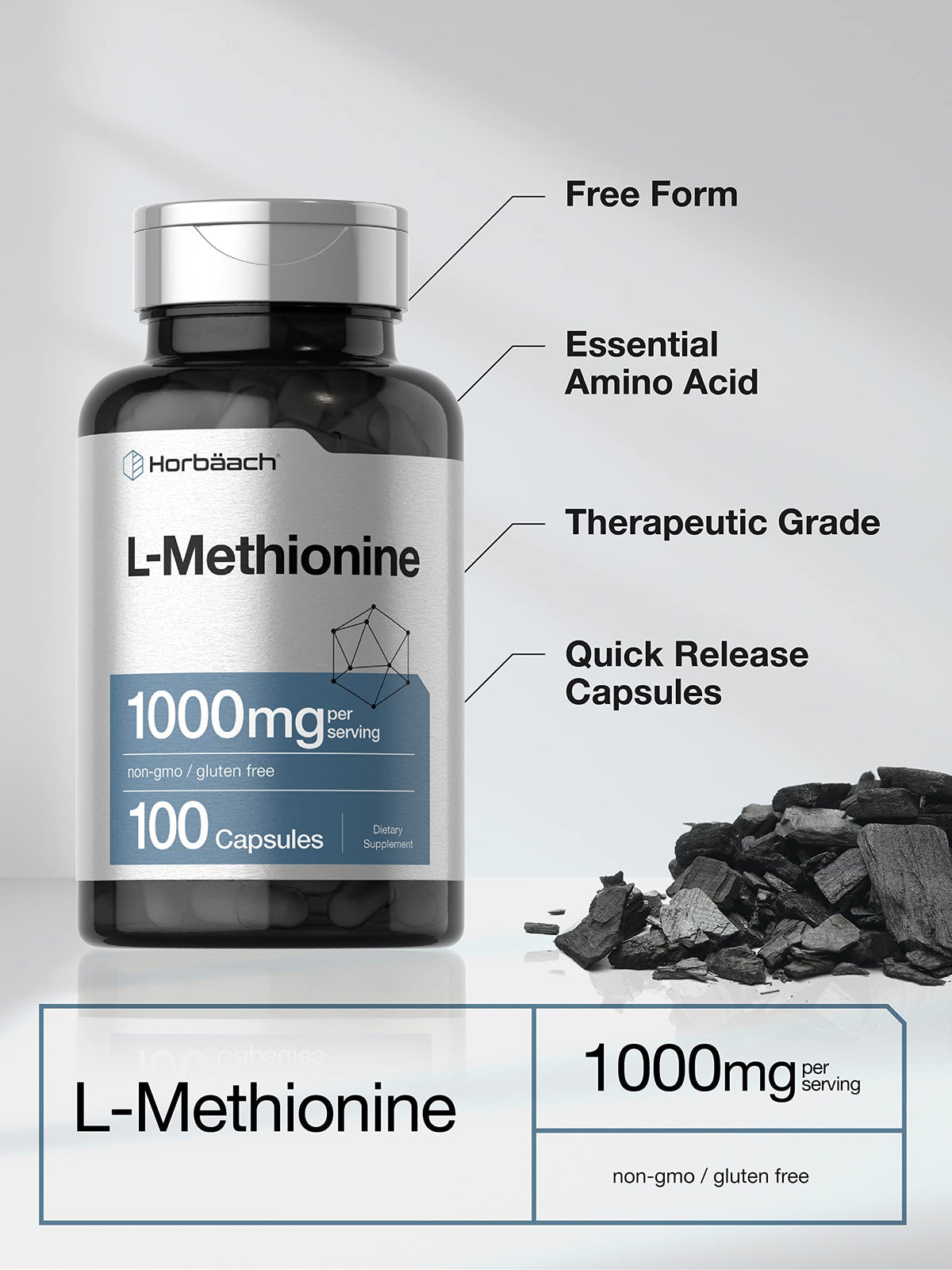 Horbäach L-Methionine 1000mg | 100 Capsules | Free Form Supplement