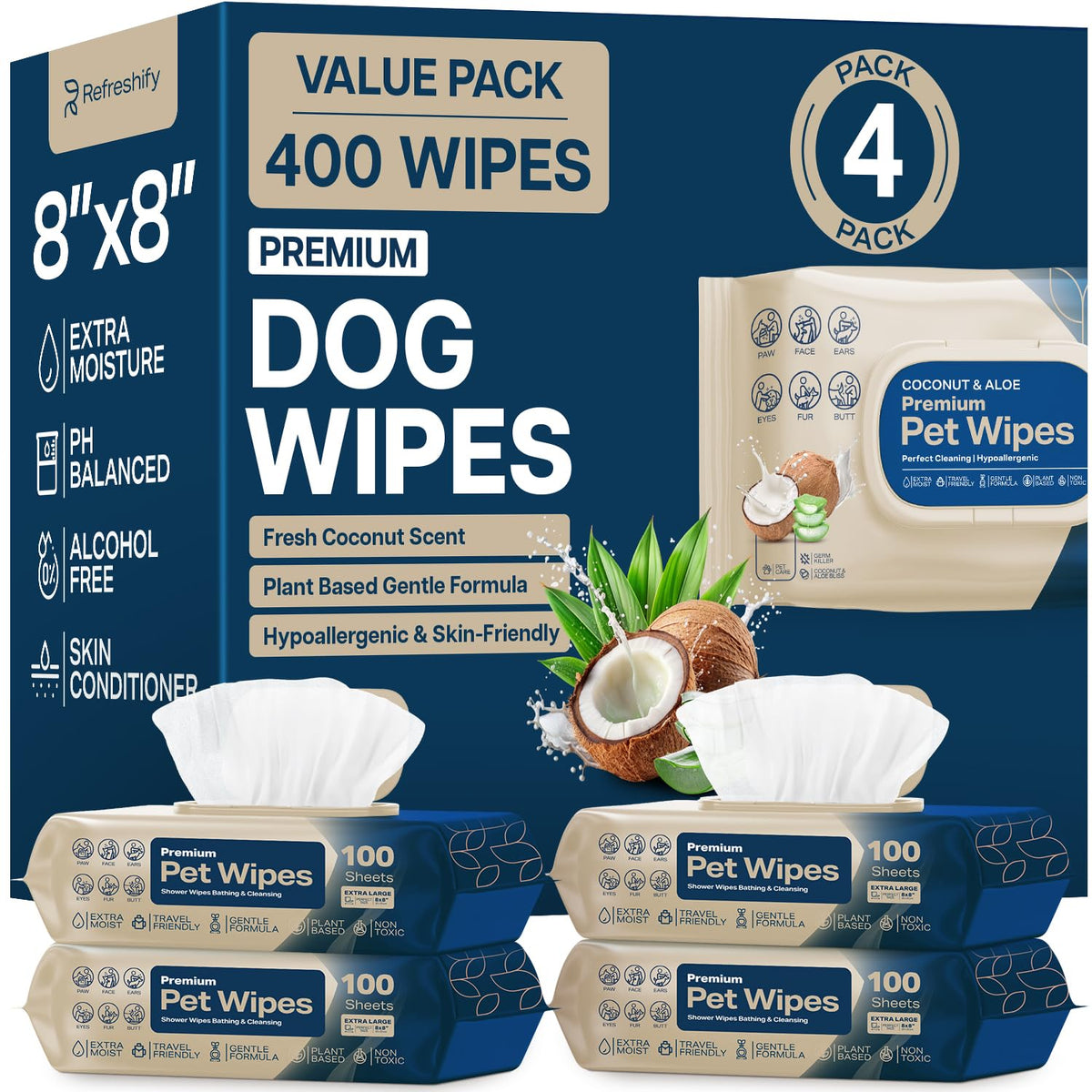 REFRESHIFY Dog Wipes for Paws and Butt - Coconut Scented (Pack of 400) - Pet Wipes for Dogs and Cats - Deodorizing Non Toxic Dog Wipes, +12 Additional Travel Wipes
