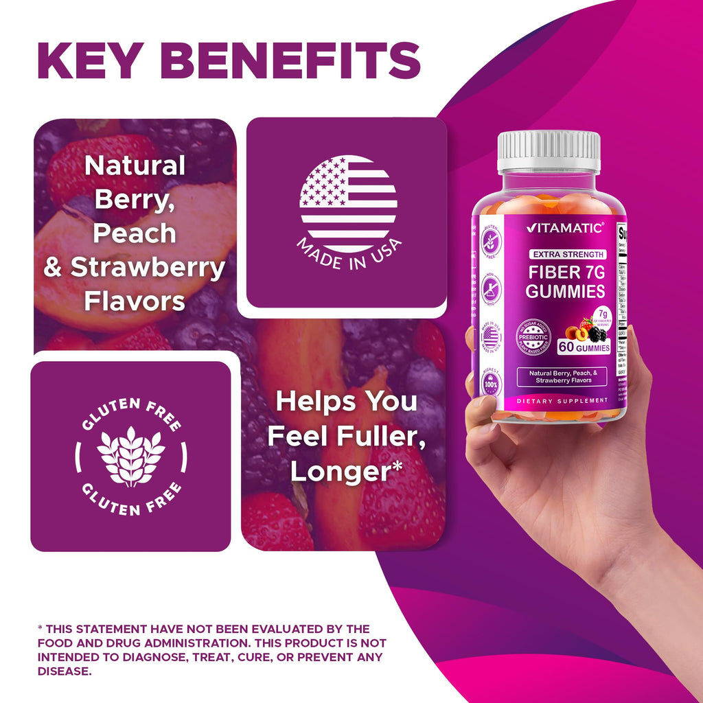 Vitamatic Prebiotic Fiber Gummies for Adults – 7g Fiber per Serving – 60 Pectin-Based Gummies Extra Strength, Zero Sugar Added – Supports Digestive Health & Regularity – Non-GMO, Vegan, Gluten-Free