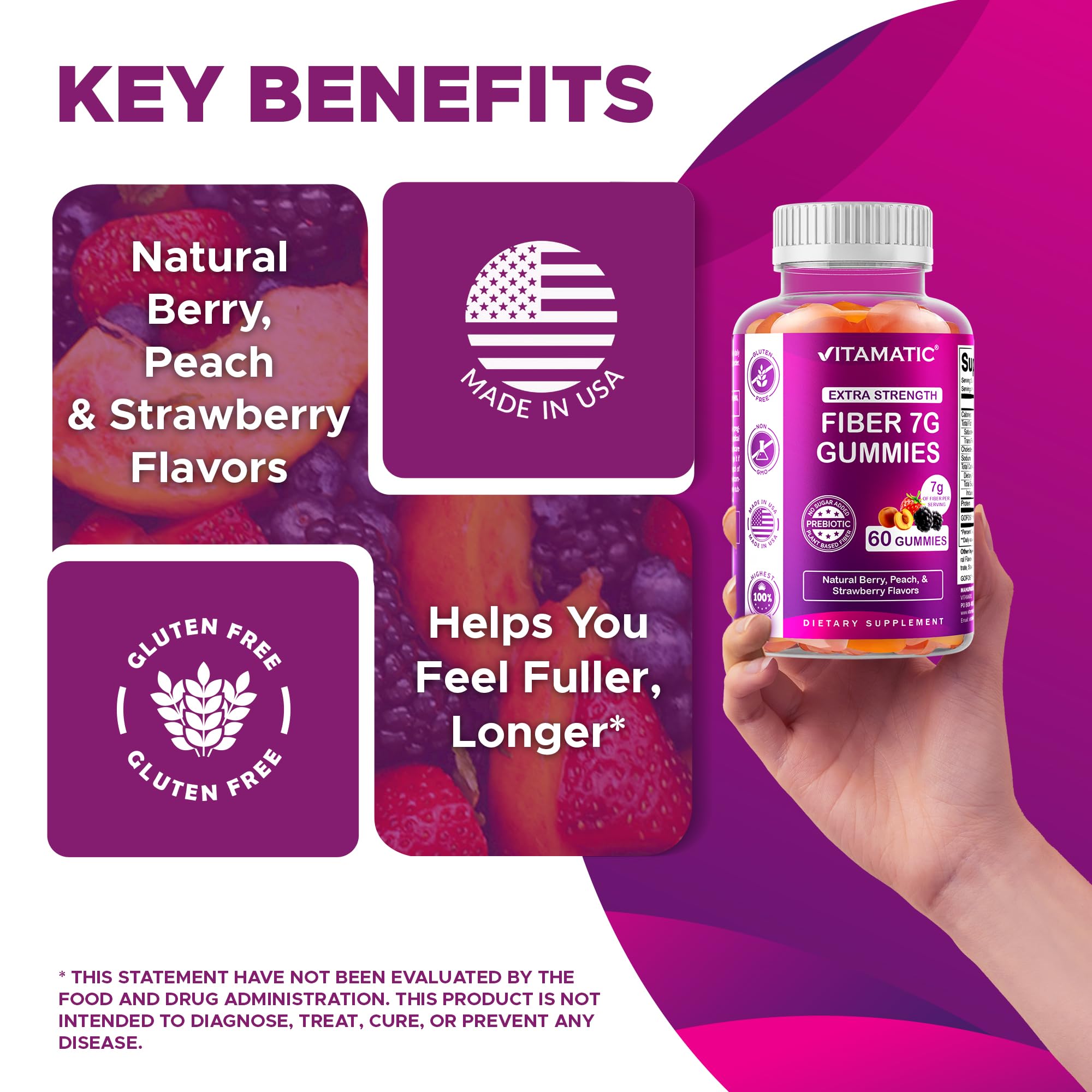Vitamatic Prebiotic Fiber Gummies for Adults – 7g Fiber per Serving – 60 Pectin-Based Gummies Extra Strength, Zero Sugar Added – Supports Digestive Health & Regularity – Non-GMO, Vegan, Gluten-Free