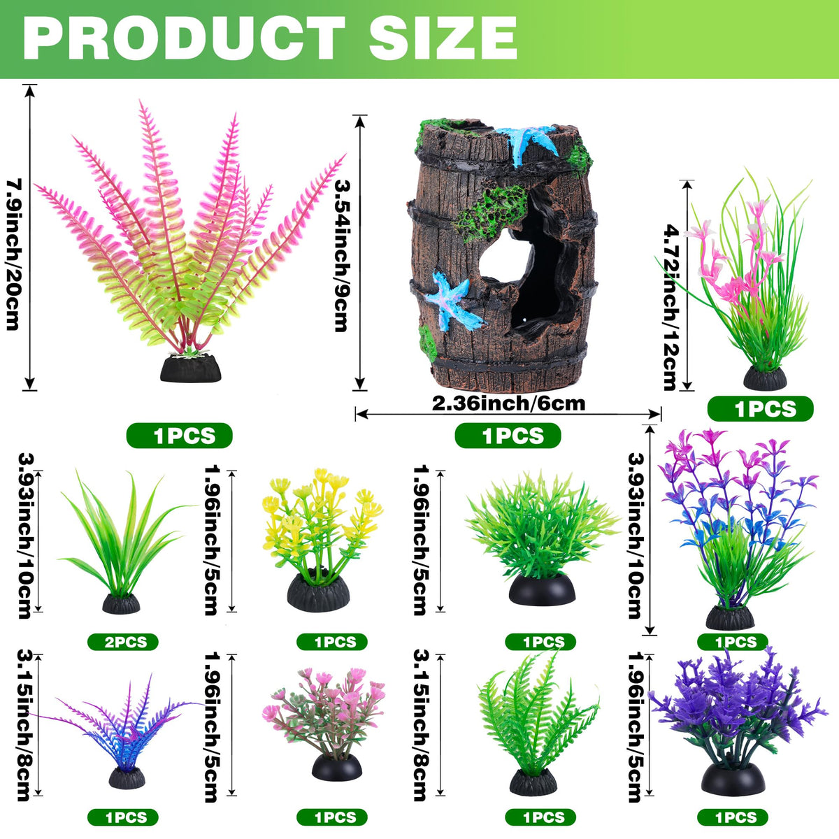 Ameliade 11 Aquarium Plants & Fish Tank Broken Barrel Cave Decorations Set