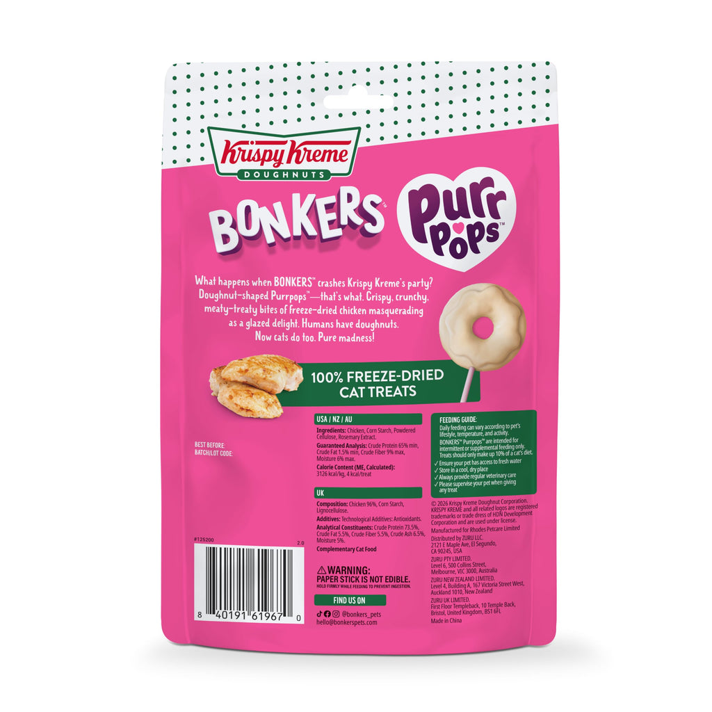 Bonkers Purrpops Krispy Kreme Edition Freeze-Dried Chicken Flavored Lollipop Cat Treats, 4 Pieces (Pack of 12)