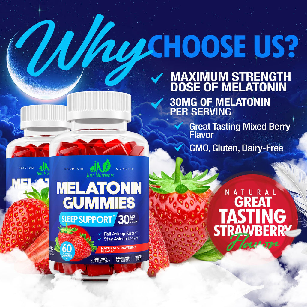 Melatonin 30mg Gummies for Adults, Zero Sugar (2 Month Supply) | Maximum Strength Sleep Support with 30mg of Melatonin Per Gummy - Gluten-Free, Vegetarian, Natural Strawberry Flavor