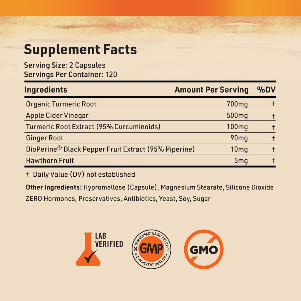 Nature's Base Turmeric and Ginger Supplement with Curcumin, ACV & BioPerine | Joint & Digestive Support, 95% Curcuminoids, Apple Cider Vinegar, Black Pepper Extract for Enhanced Absorption, 240 Capsules
