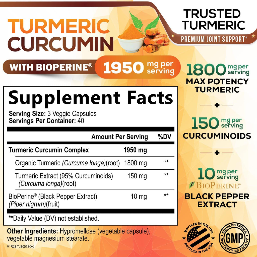Turmeric Curcumin Supplement 95% Curcuminoids 1950mg with Organic Turmeric & BioPerine Black Pepper Extract for Best Absorption, Natural Vegan Joint Support, Non-GMO, Bottled in USA - 120 Capsules