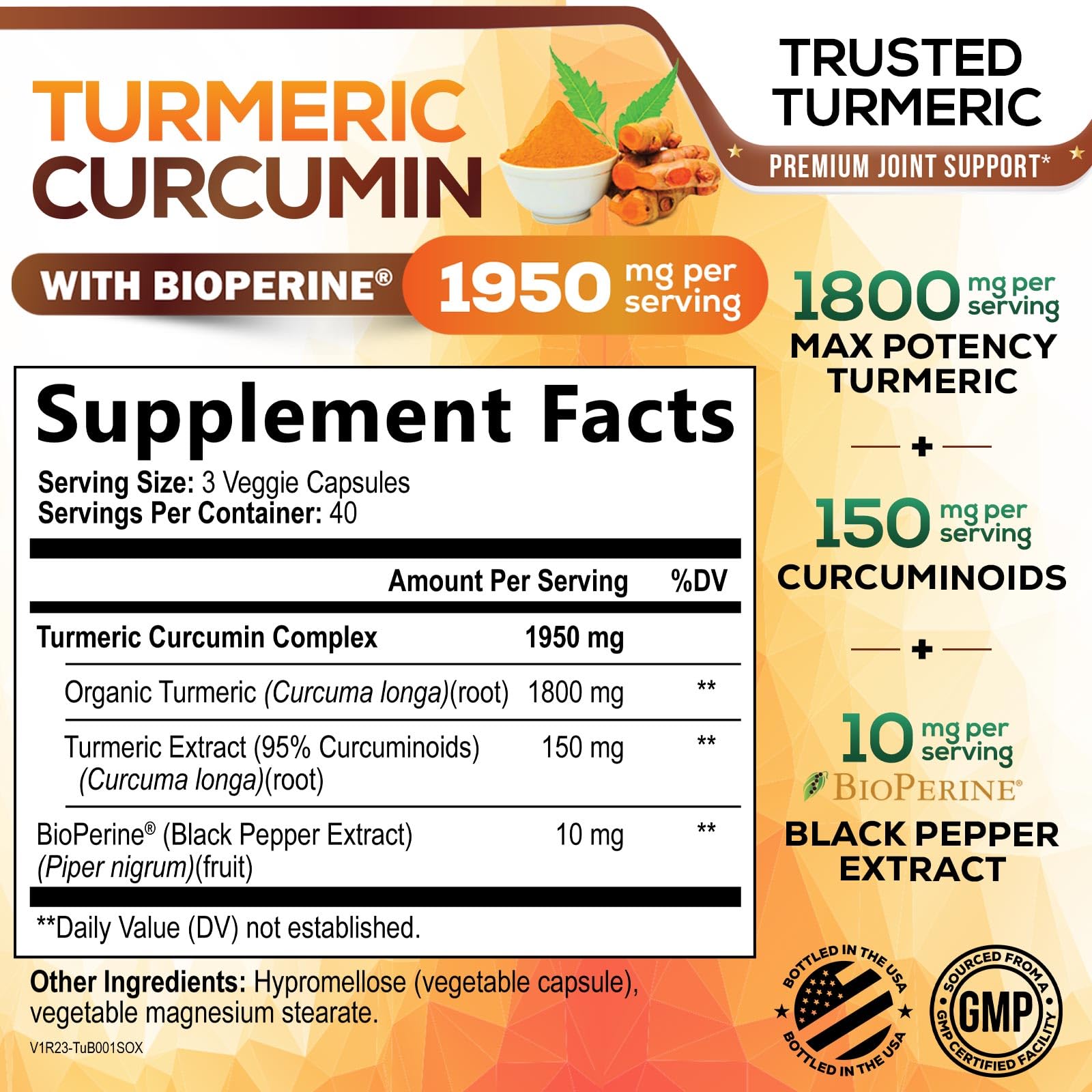 Turmeric Curcumin Supplement 95% Curcuminoids 1950mg with Organic Turmeric & BioPerine Black Pepper Extract for Best Absorption, Natural Vegan Joint Support, Non-GMO, Bottled in USA - 120 Capsules