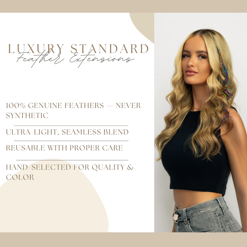 Luxury Standard 21 natural color hair extensions, 9”-14”, made with 100% genuine feathers for a seamless blend.