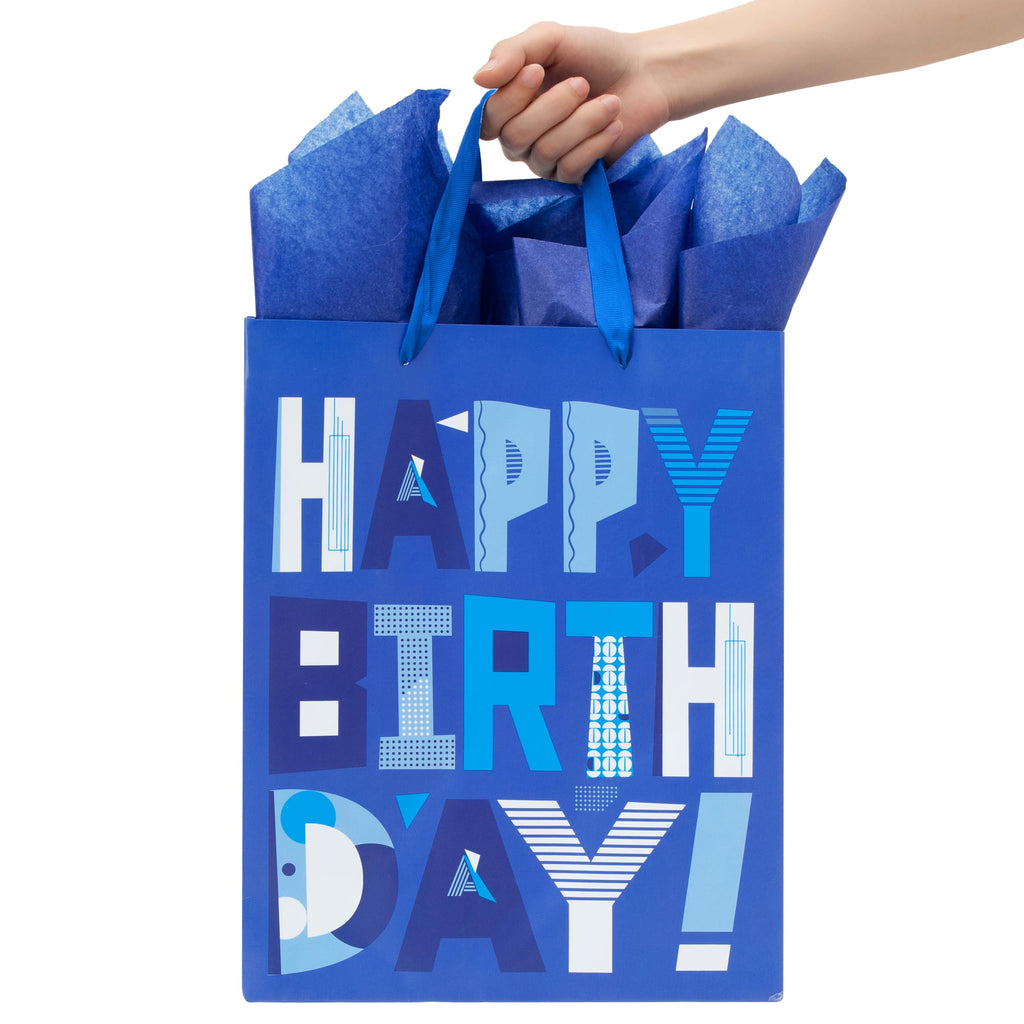 wishinside 13" Large Blue Gift Bags Set with Greeting Card and Tissue Papers (Blue Happy Birthday) for Men's Birthday Party, Father, Grandpa, Kids' Parties, Baby Boy - 13”x10.2”x5.2”, 1 Pcs