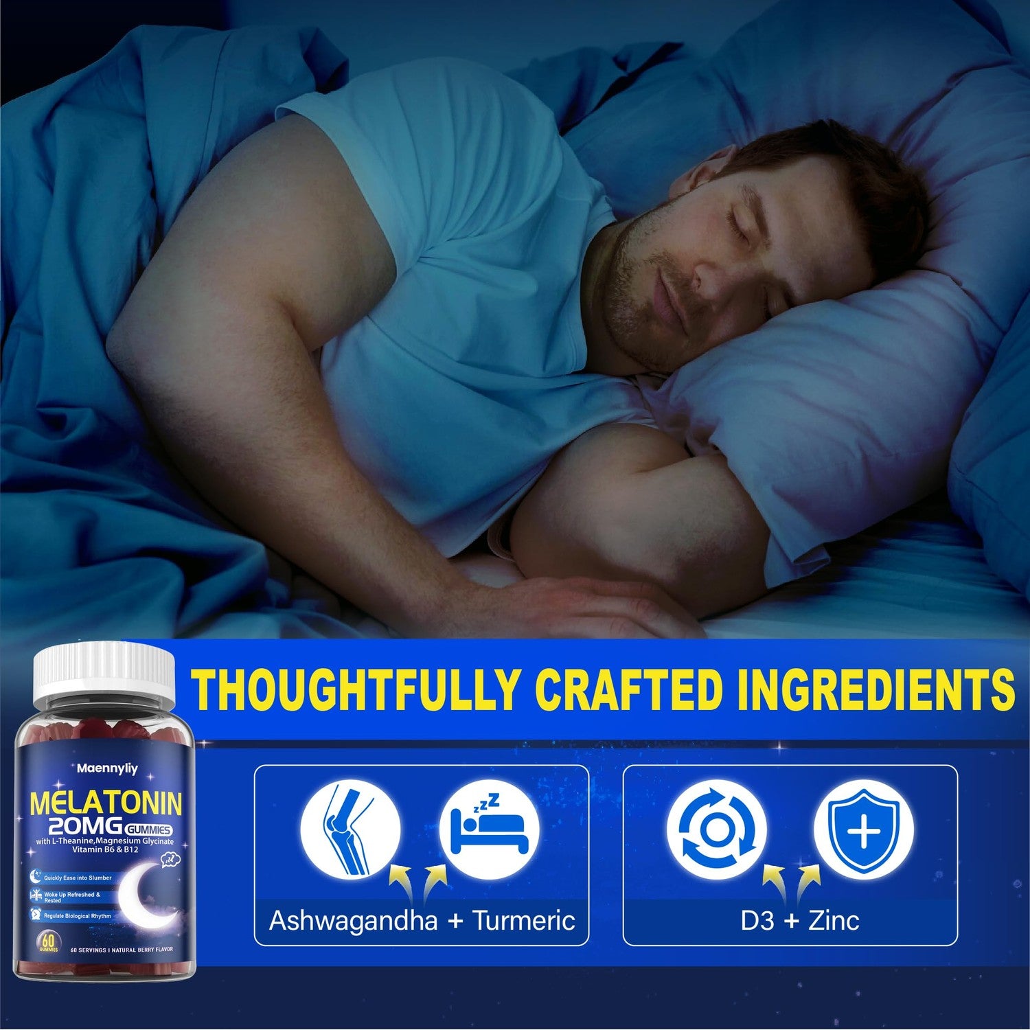Maennyliy Melatonin 20mg Gummies for Adults - Sugar Free Melatonin Gummies | Extra Strength with L-Theanine, Magnesium, Ashwagandha, Turmeric, D3 & Zinc - Non-Habit Forming, Vegan, Non-GMO, 120 Gummies