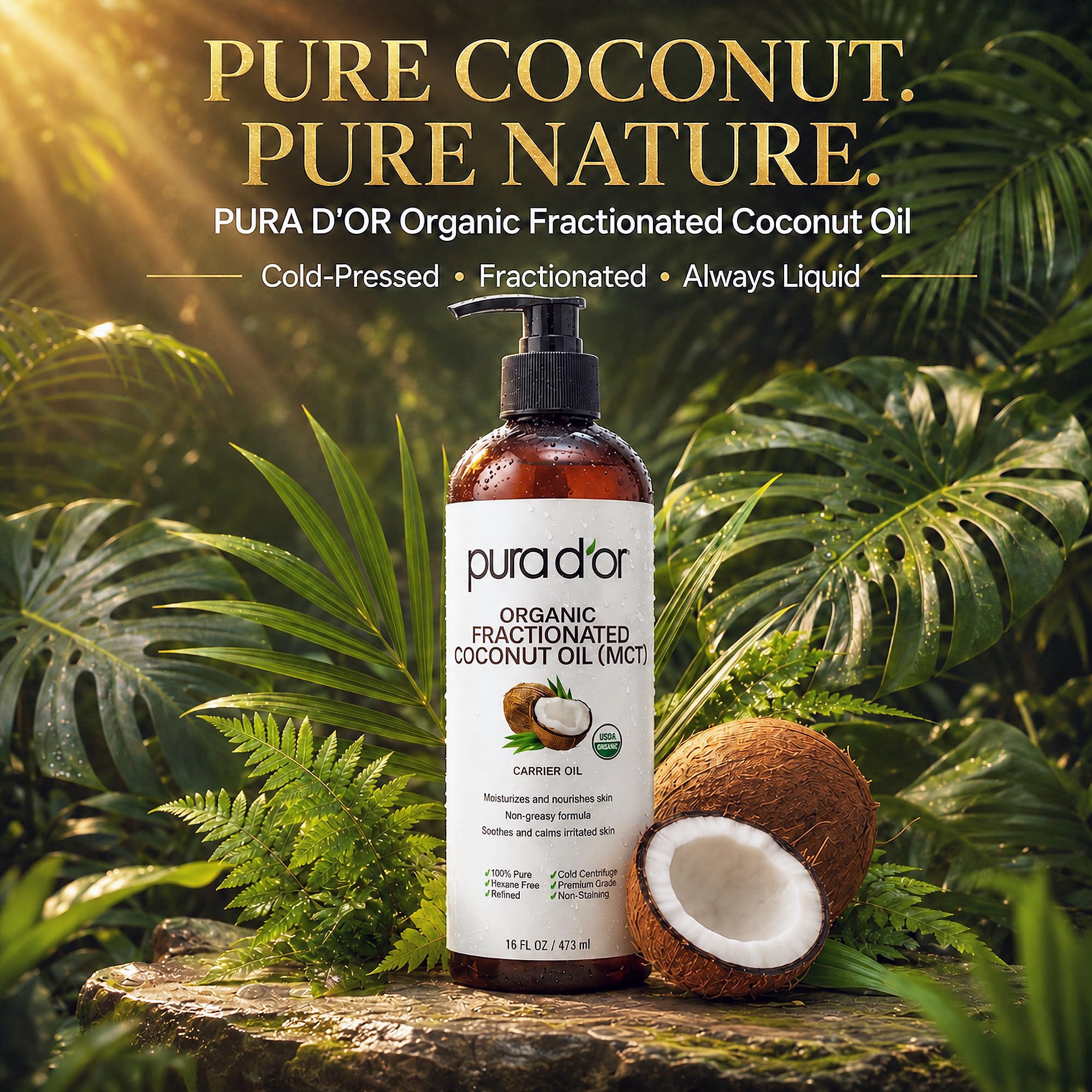 PURA D'OR ORGANIC Fractionated Coconut Oil MCT Skin Hair Massage, 16oz