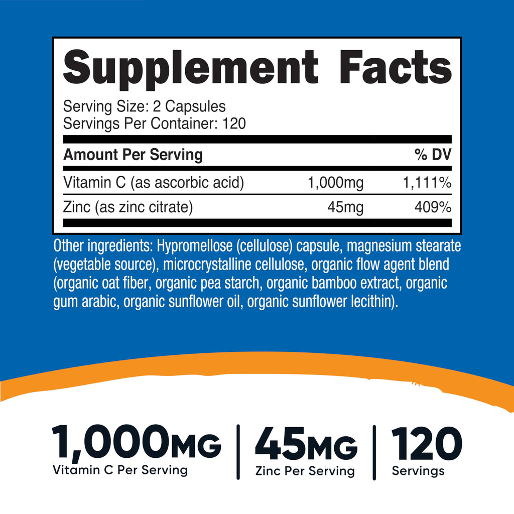 Nutricost Vitamin C with Zinc Capsules, 120 Servings, Gluten Free, GMO-Free | 1000mg Vitamin C, 45mg Zinc