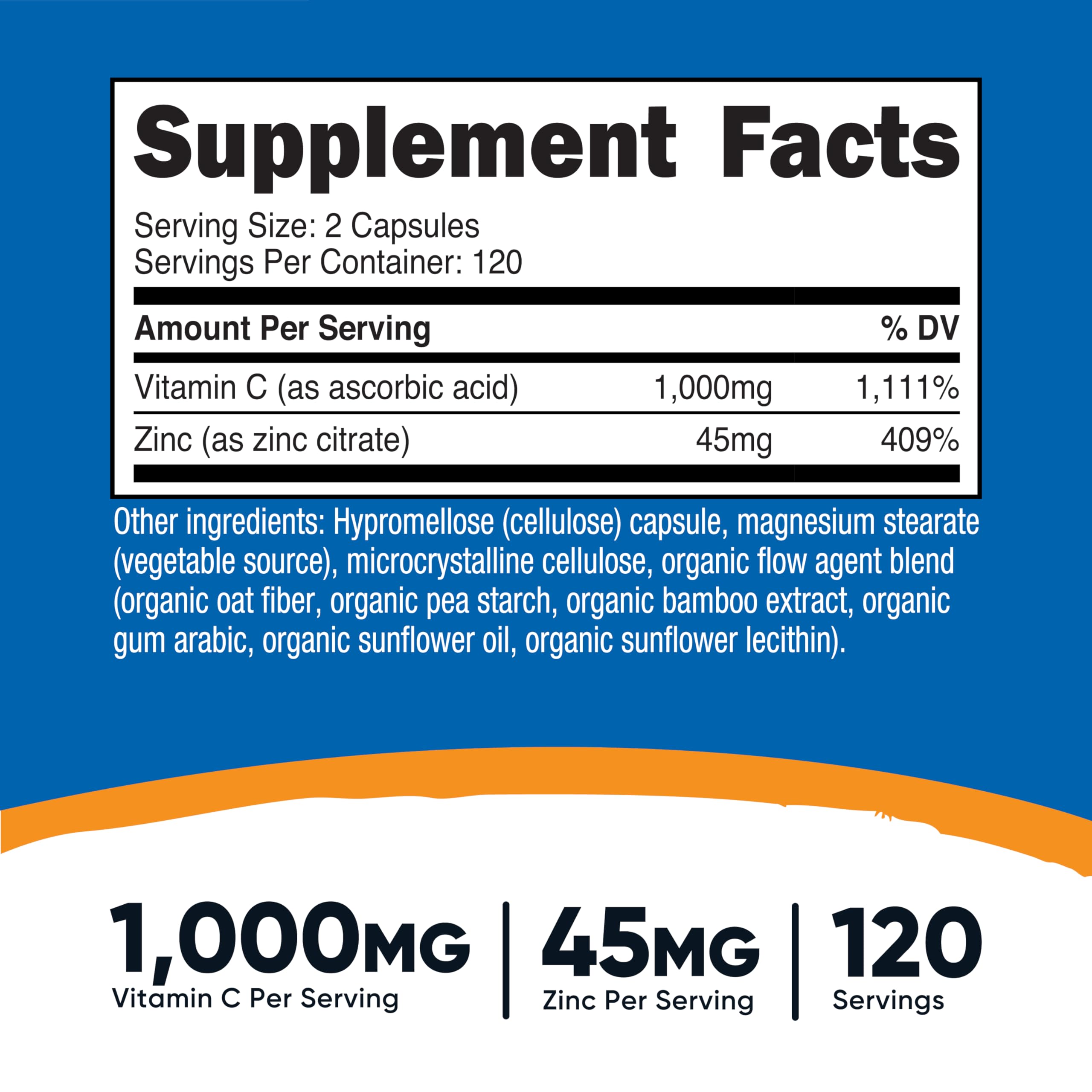 Nutricost Vitamin C with Zinc Capsules, 120 Servings, Gluten Free, GMO-Free | 1000mg Vitamin C, 45mg Zinc