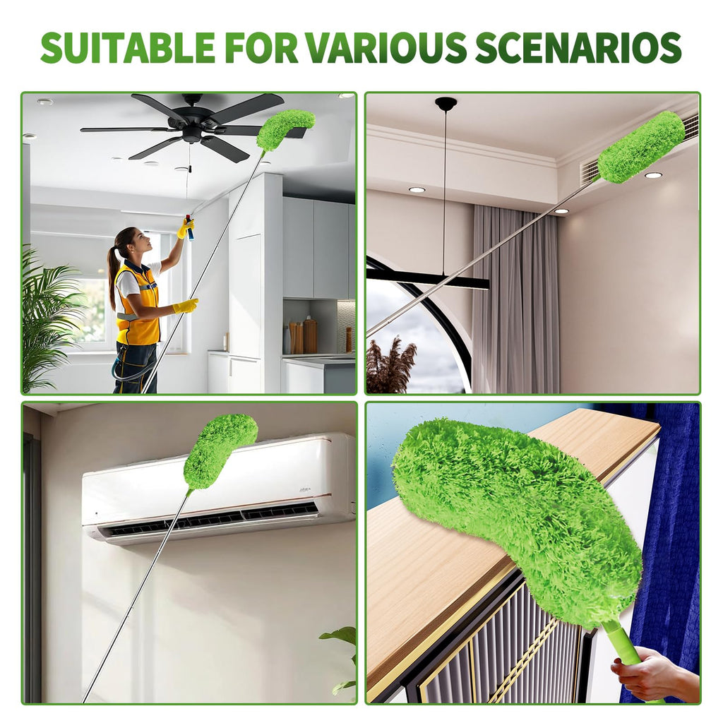 Cobweb Duster with Extension Pole, Washable Cleaning Duster Set with 2 Duster Heads, 15-110-Inch Telescoping Pole for high Ceiling Fans, Long Duster for high Ceilings，Spider Web Brush，Corner Brush