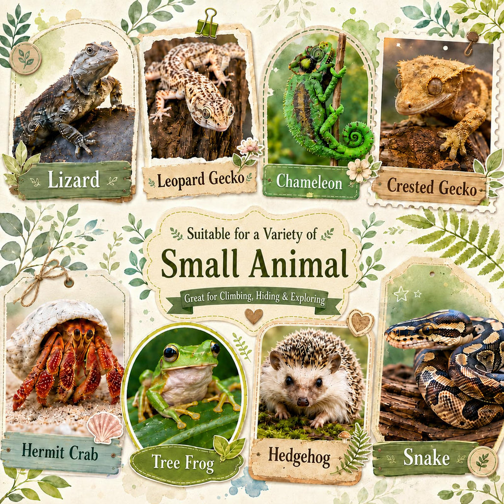 HERCOCCI Crested Gecko Tank Accessories, Reptile Hanging Plants Vines with Natural Coconut Shell Hideout & Climbing Ladder Decor for Hermit Crab Lizard Leopard Gecko Chameleon Snake Terrarium Decor